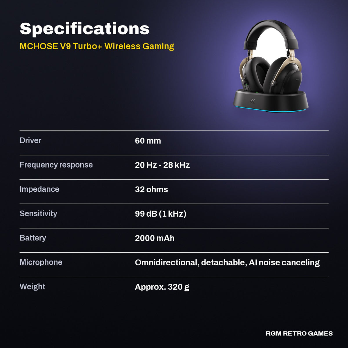 MCHOSE V9 Turbo+ Wireless Gaming Headset with Magnetic Charging Dock - Black Gold specifications
