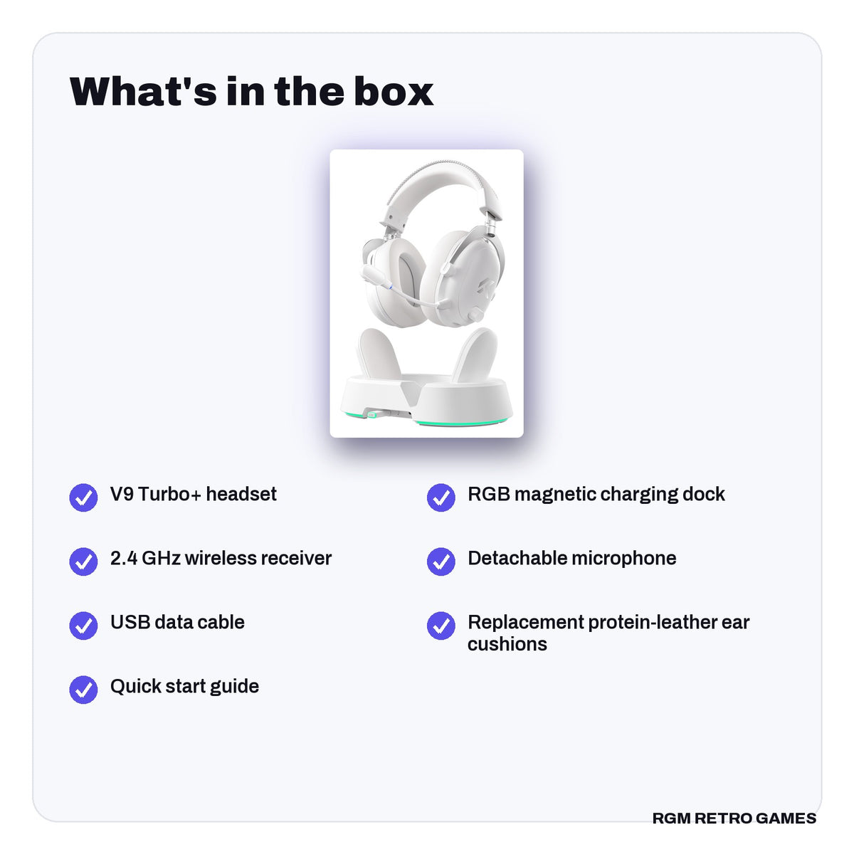 What's in the box with the MCHOSE V9 Turbo+ Wireless Gaming Headset with Magnetic Charging Dock - Black Gold