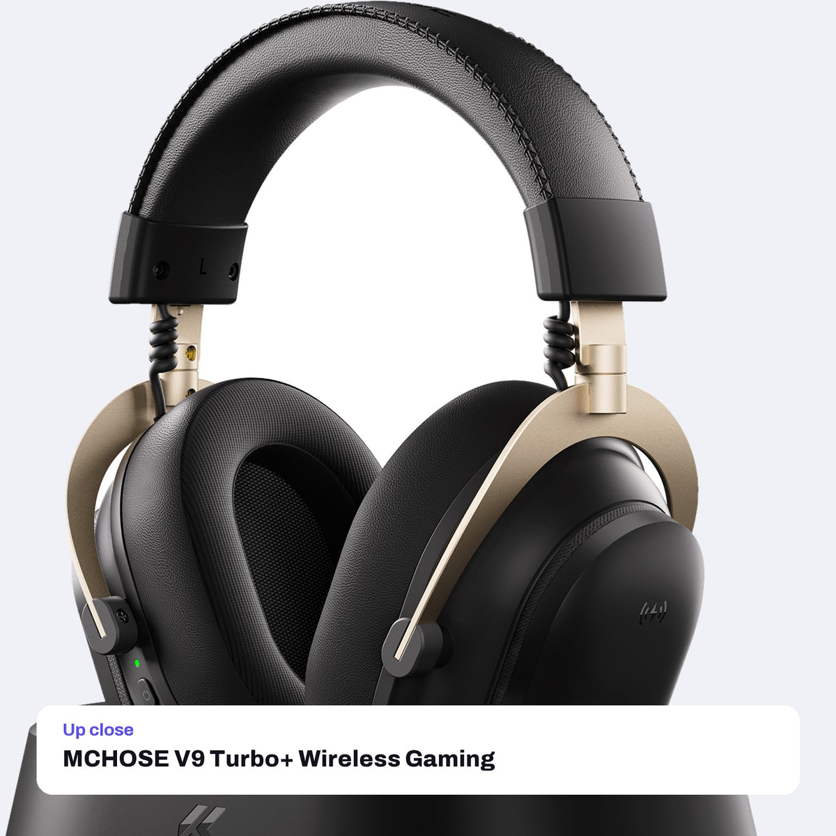 MCHOSE V9 Turbo+ Wireless Gaming Headset with Magnetic Charging Dock - Black Gold, close-up detail