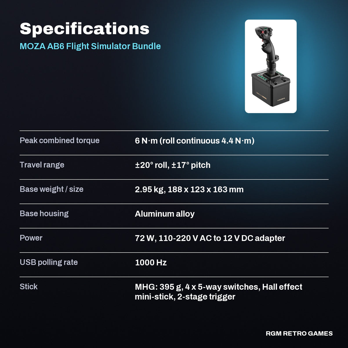 MOZA AB6 Flight Simulator Bundle (AB6 6 Nm FFB Base + MHG Flightstick) specifications