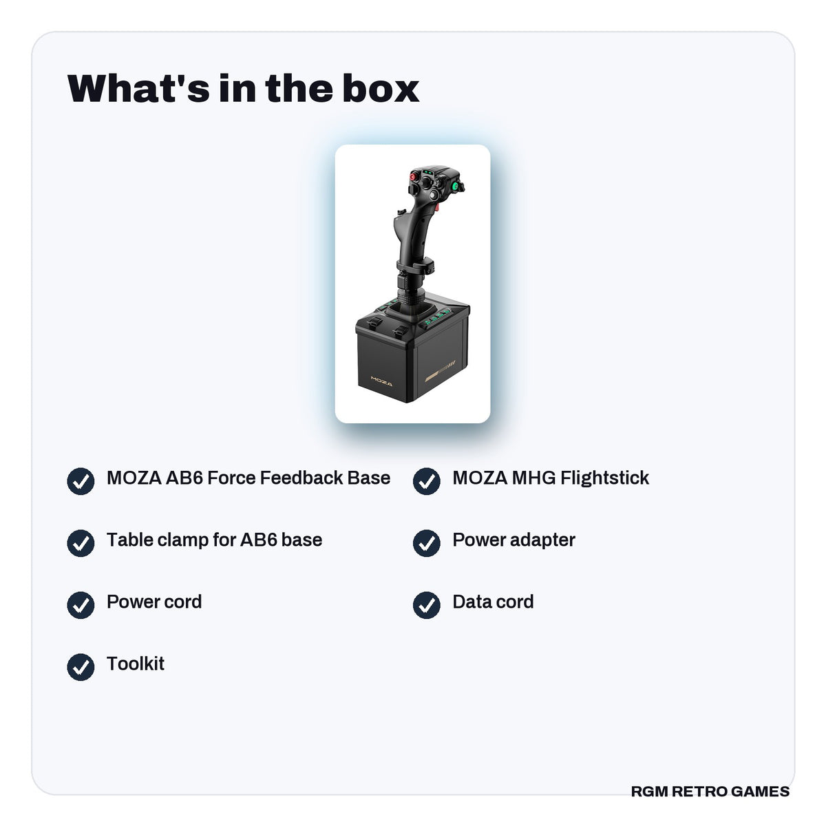 What's in the box with the MOZA AB6 Flight Simulator Bundle (AB6 6 Nm FFB Base + MHG Flightstick)