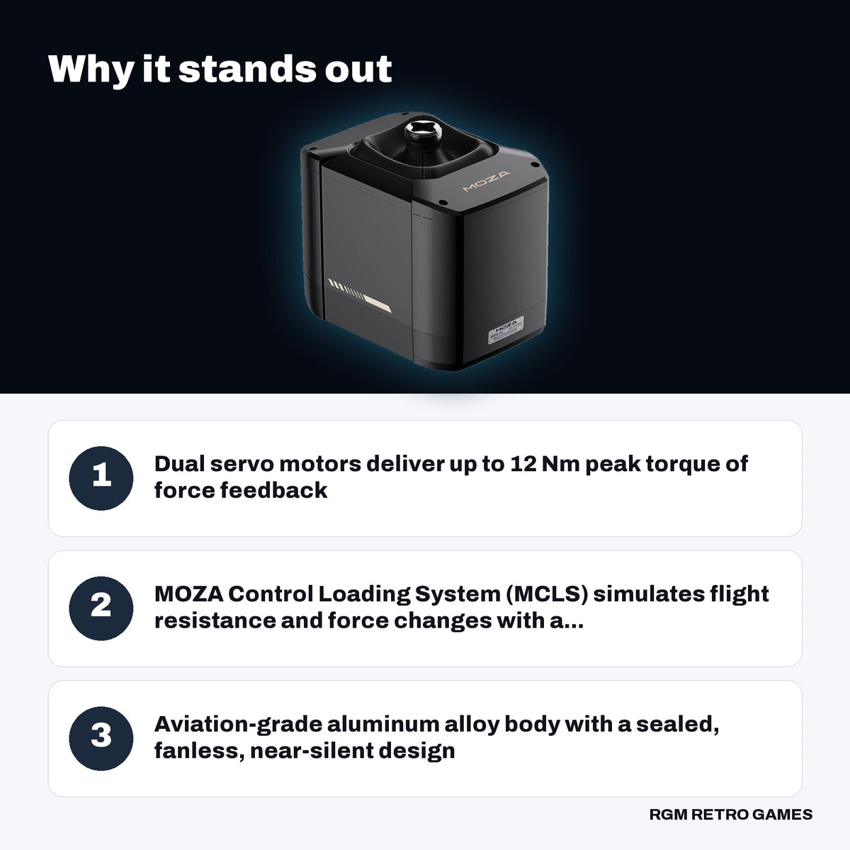 MOZA AB9 FFB Base key features: Dual servo motors deliver up to 12 Nm peak torque of force feedback, MOZA Control Loading System (MCLS) simulates flight resistance and force changes with a..., Aviation-grade aluminum alloy body with a sealed, fanless, near-silent design