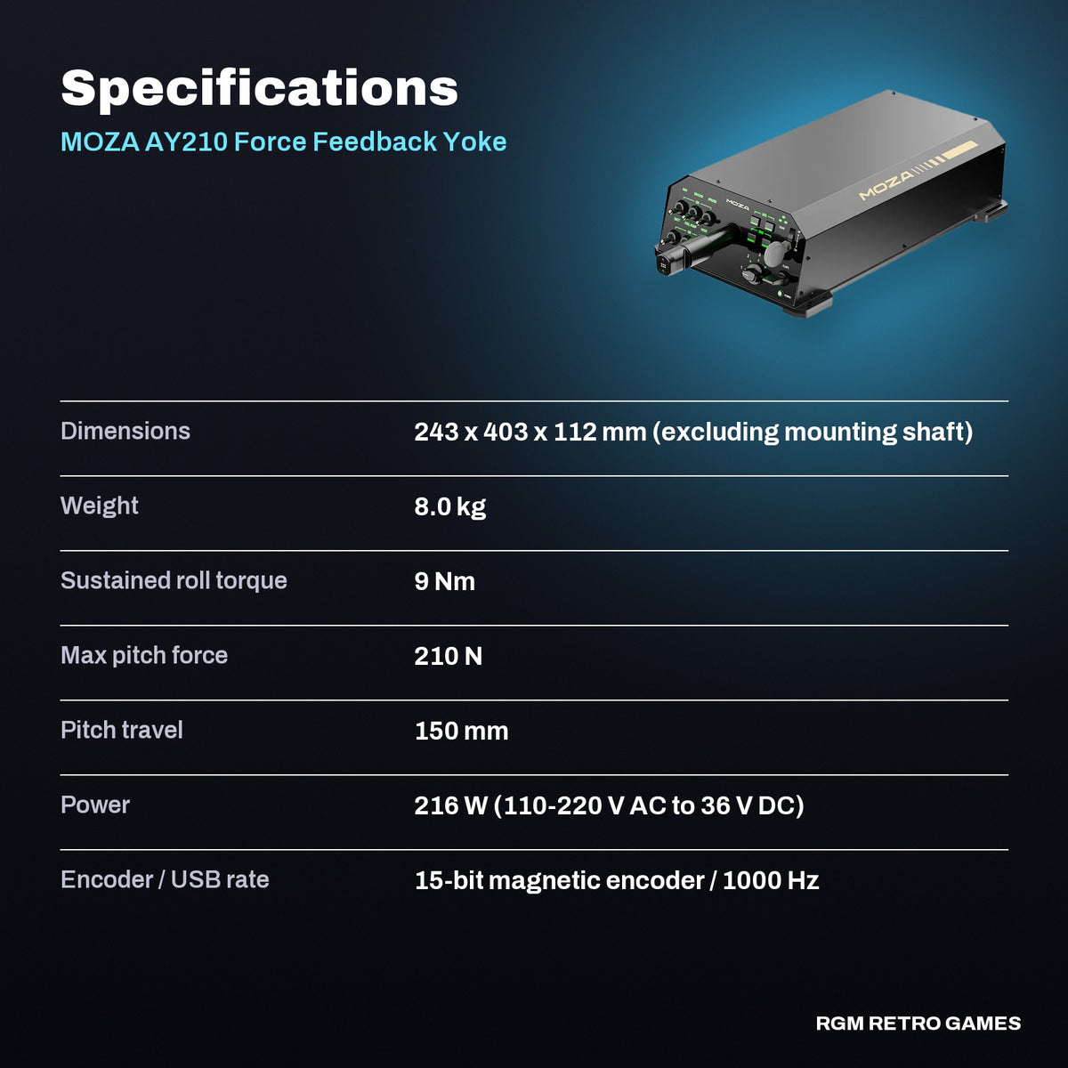 MOZA AY210 Force Feedback Yoke Base specifications