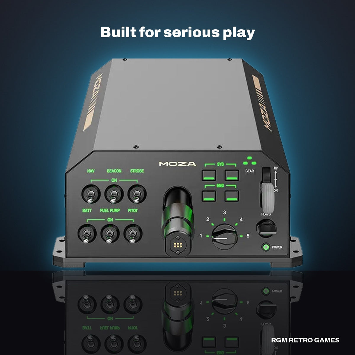MOZA AY210 Force Feedback Yoke Base in a dark studio setting