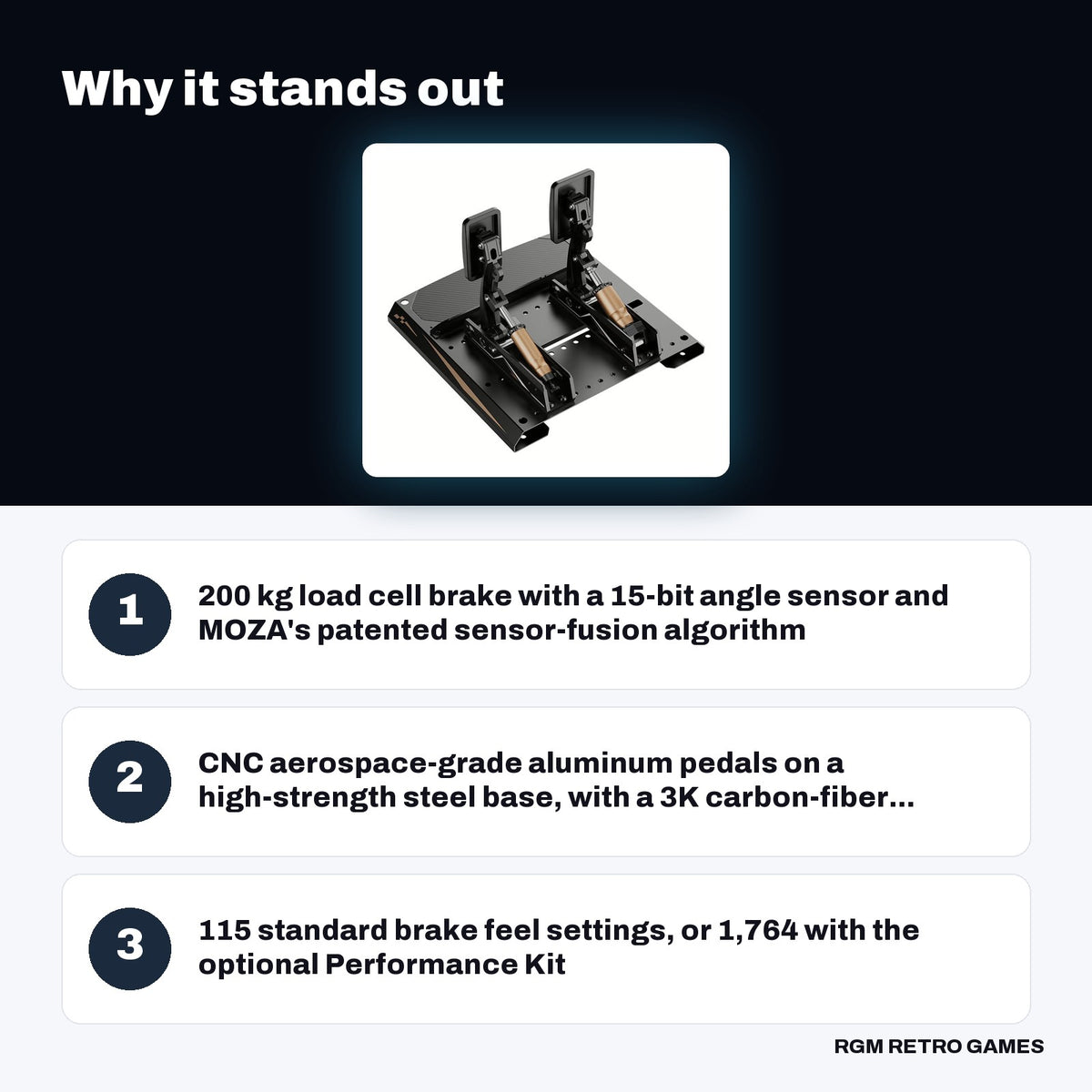 MOZA CRP2 Load Cell Pedals (Throttle + Brake) key features: 200 kg load cell brake with a 15-bit angle sensor and MOZA's patented sensor-fusion algorithm, CNC aerospace-grade aluminum pedals on a high-strength steel base, with a 3K carbon-fiber..., 115 standard brake feel settings, or 1,764 with the optional Performance Kit