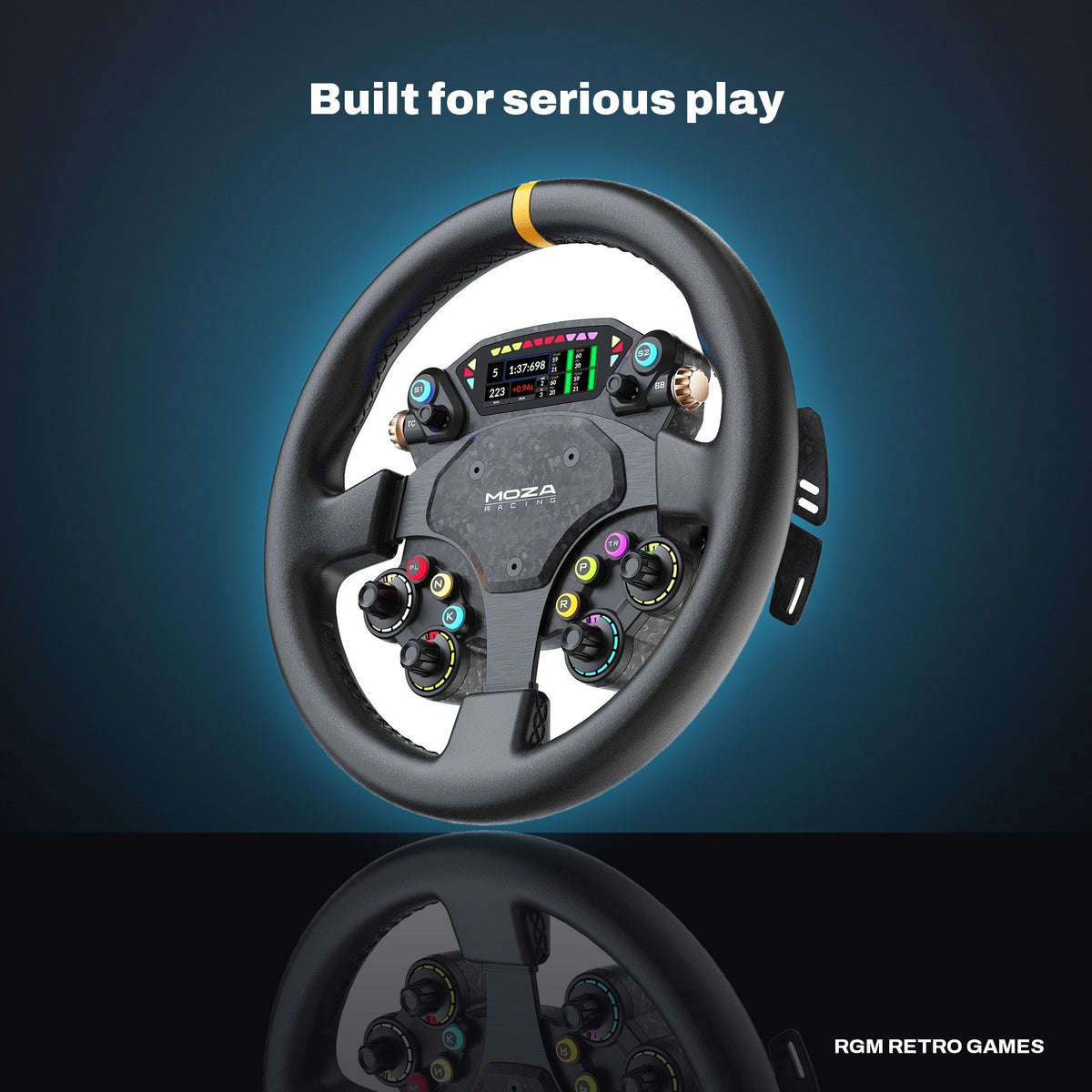 MOZA CS Pro Steering Wheel (325 mm GT3 Wheel with HD Display) in a dark studio setting