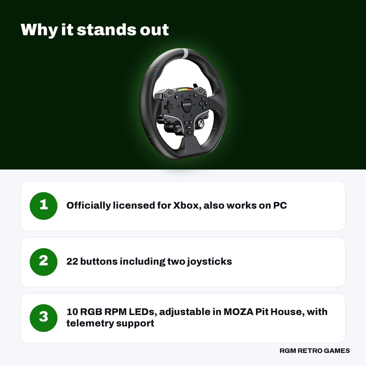MOZA ESX Steering Wheel for PC & Xbox key features: Officially licensed for Xbox, also works on PC, 22 buttons including two joysticks, 10 RGB RPM LEDs, adjustable in MOZA Pit House, with telemetry support
