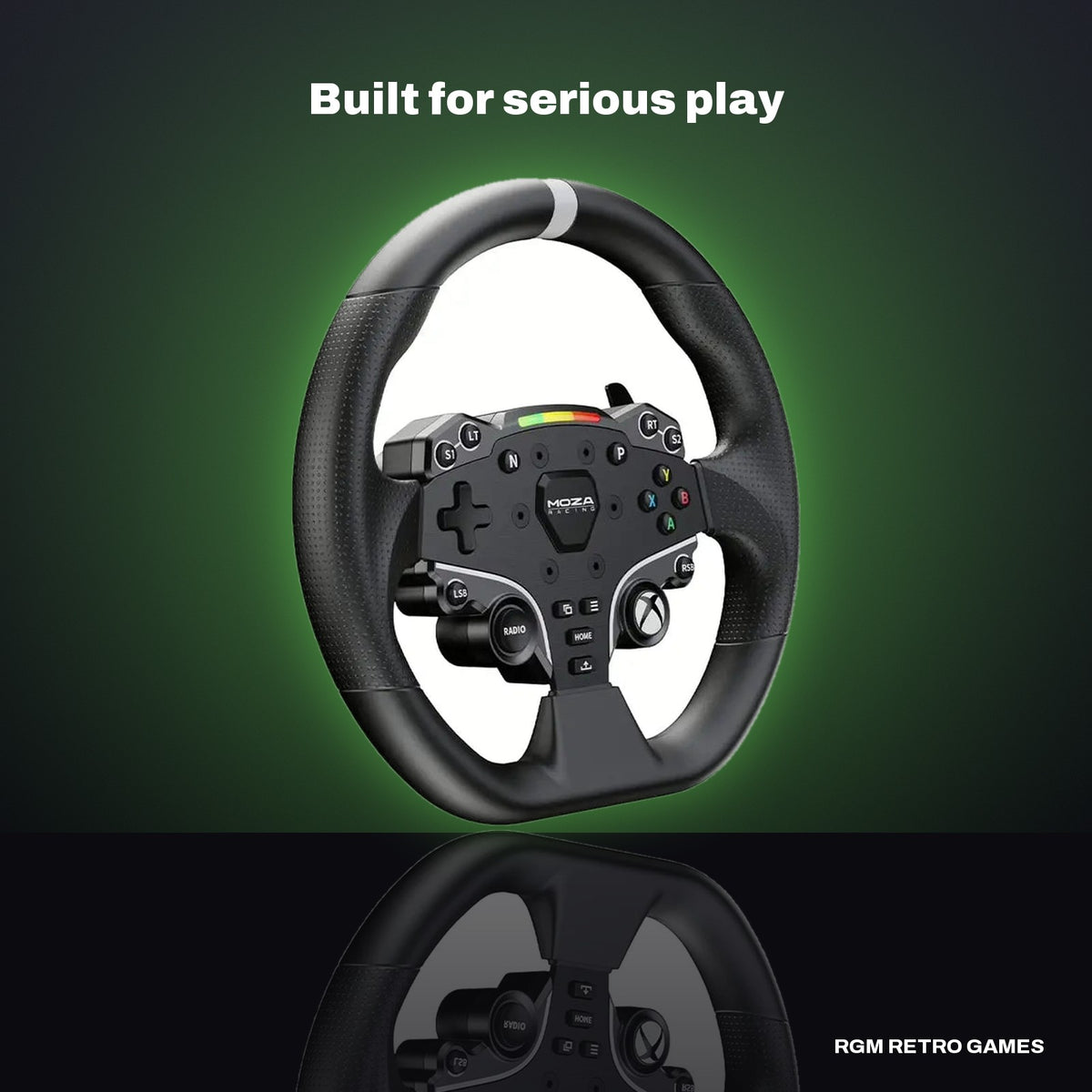 MOZA ESX Steering Wheel for PC & Xbox in a dark studio setting