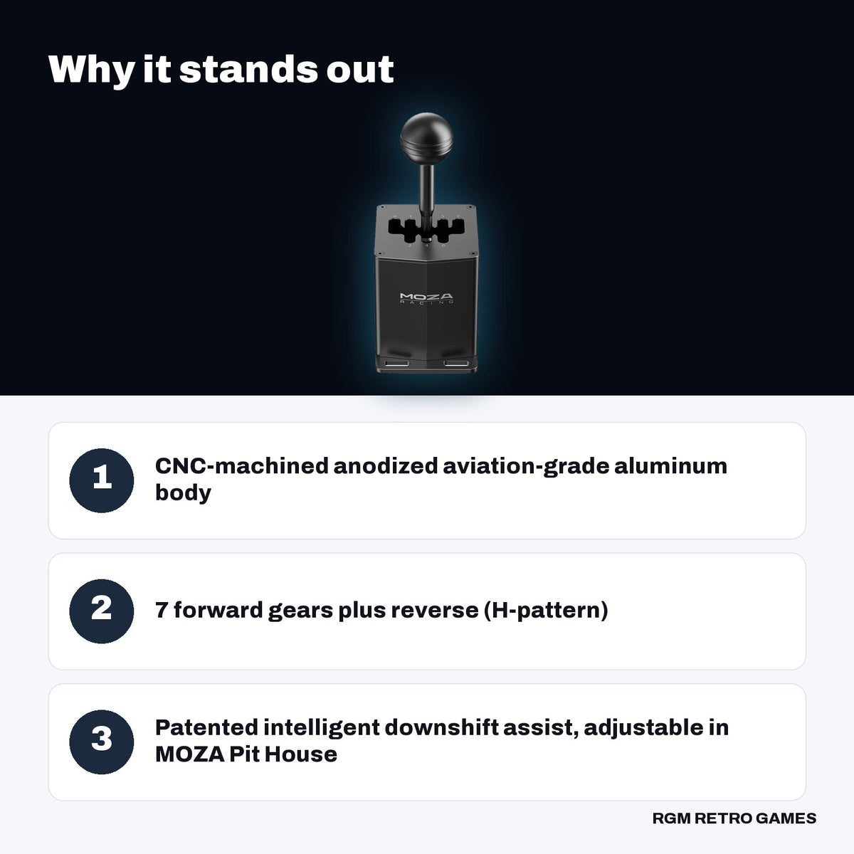 MOZA HGP Shifter key features: CNC-machined anodized aviation-grade aluminum body, 7 forward gears plus reverse (H-pattern), Patented intelligent downshift assist, adjustable in MOZA Pit House
