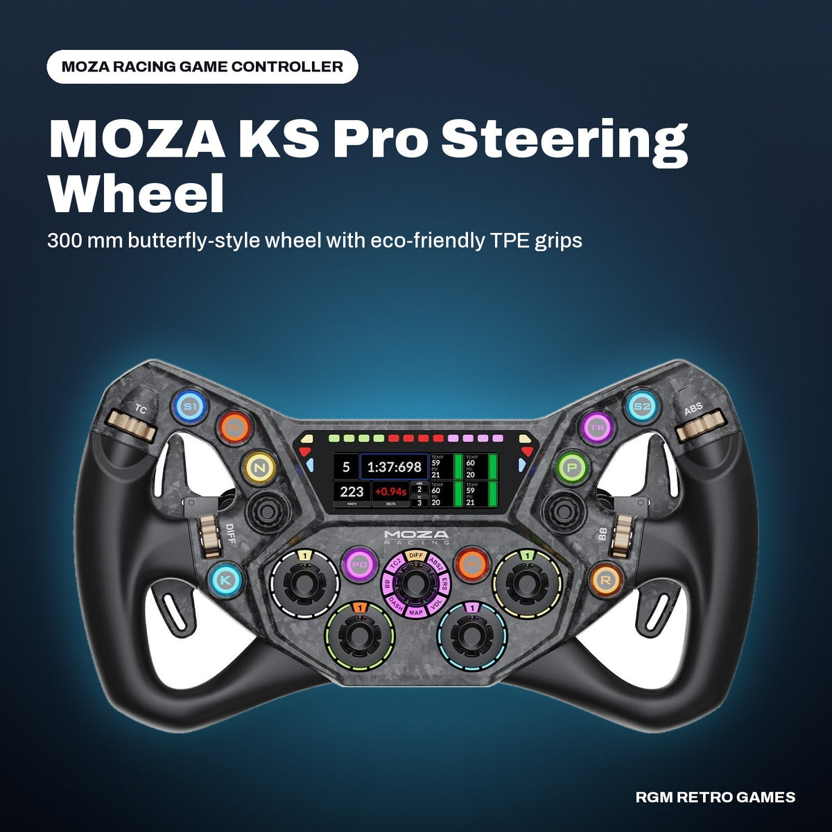 MOZA KS Pro Steering Wheel (300 mm Butterfly GT Wheel with HD Display) in a MOZA Racing color scene