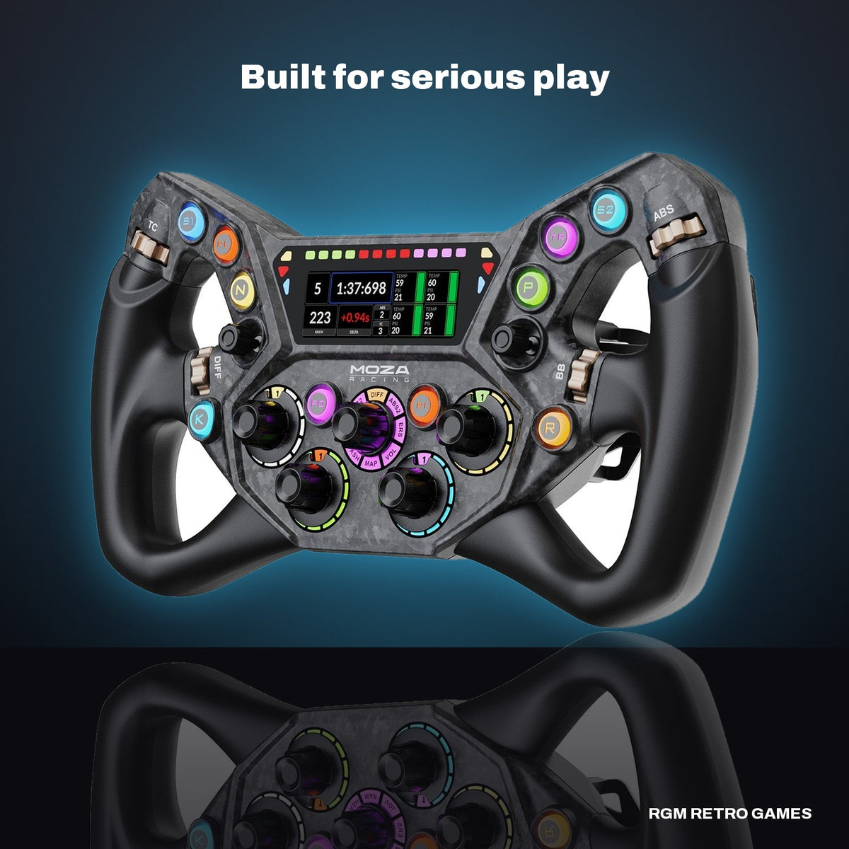 MOZA KS Pro Steering Wheel (300 mm Butterfly GT Wheel with HD Display) in a dark studio setting