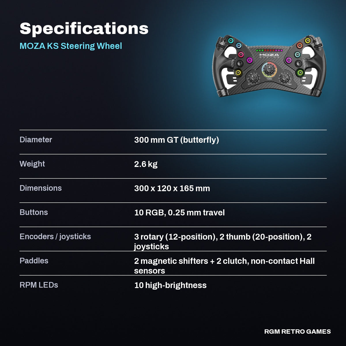 MOZA KS Steering Wheel (300 mm Butterfly GT Wheel) specifications
