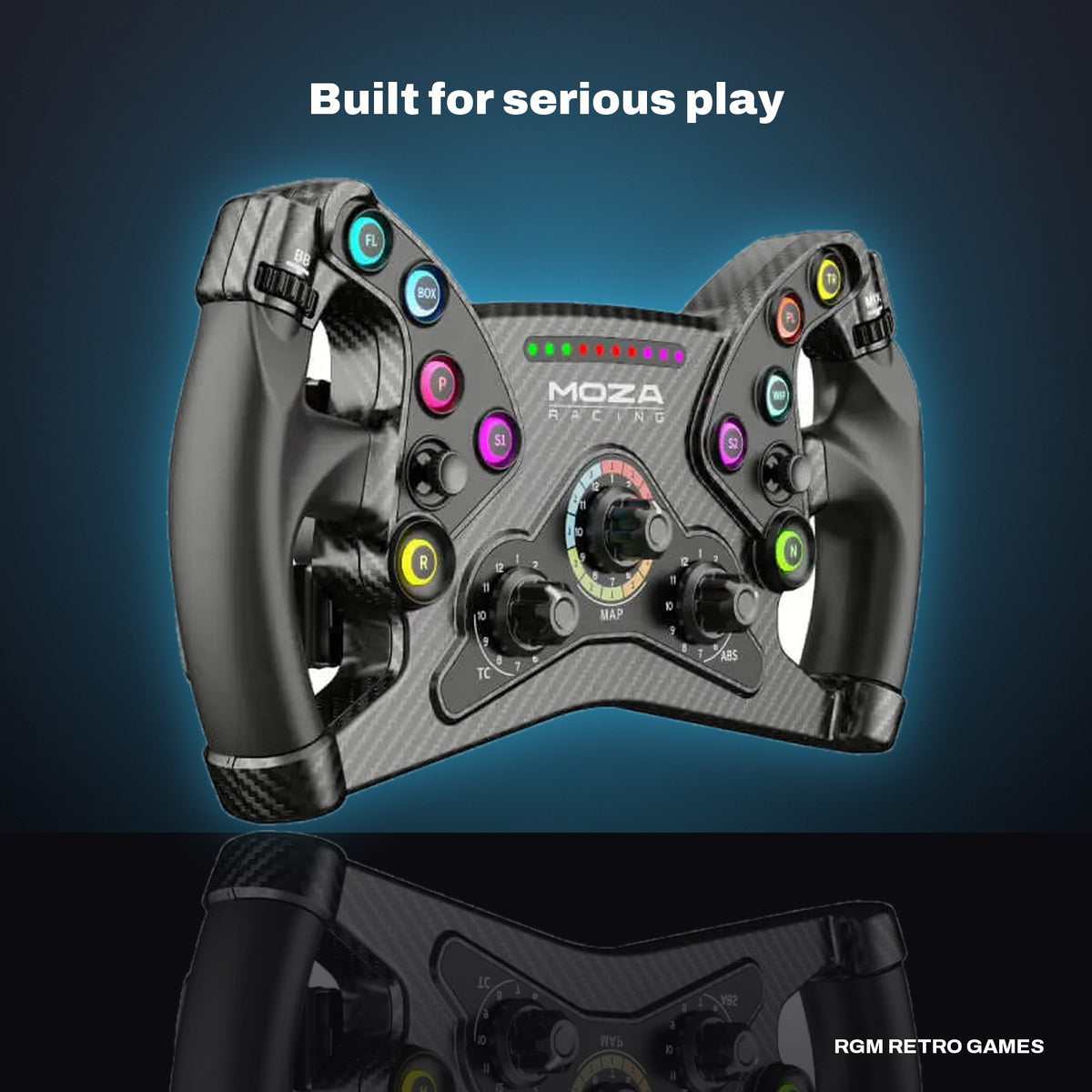 MOZA KS Steering Wheel (300 mm Butterfly GT Wheel) in a dark studio setting