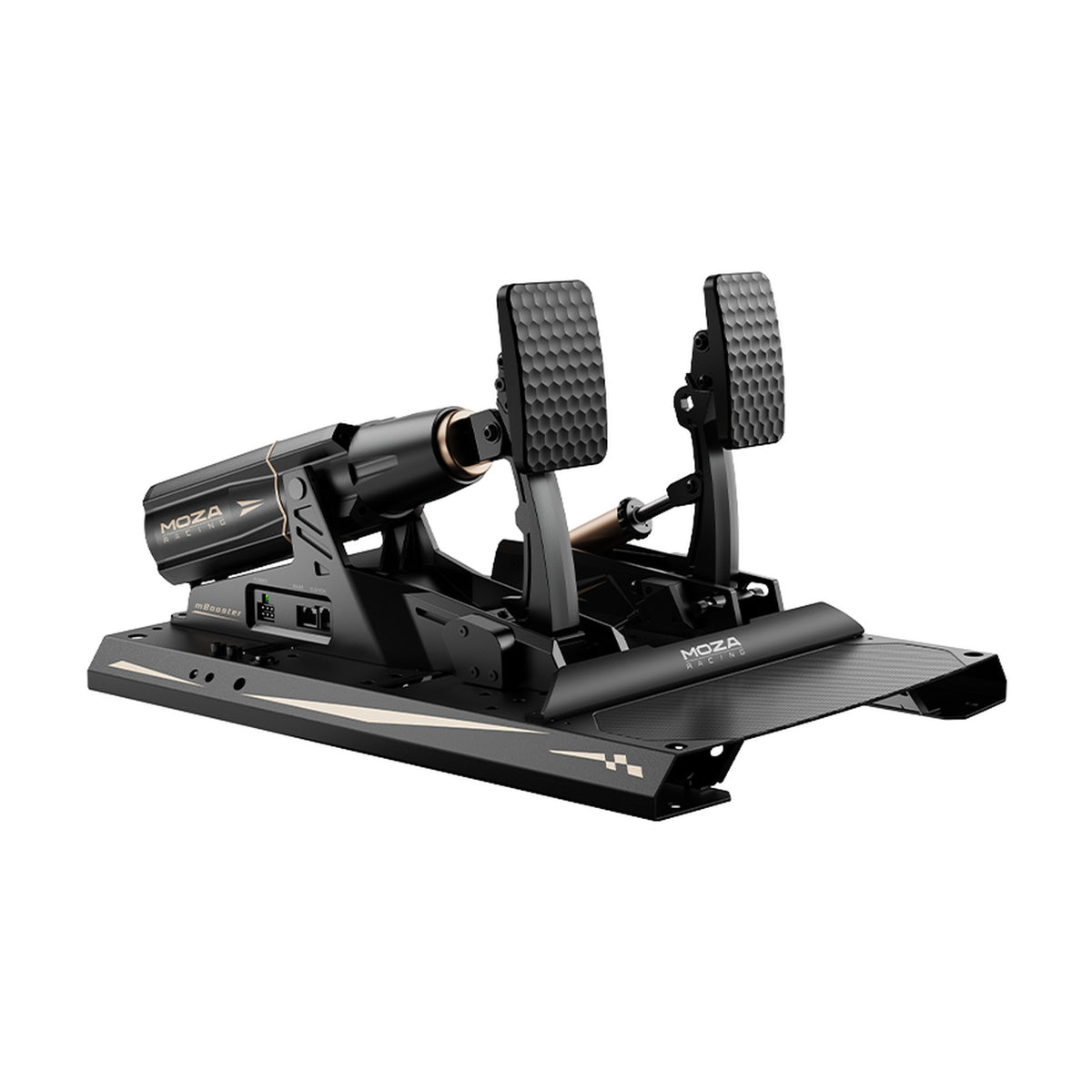 MOZA mBooster Active Pedal Set (with CRP2 Throttle), front view on a white background