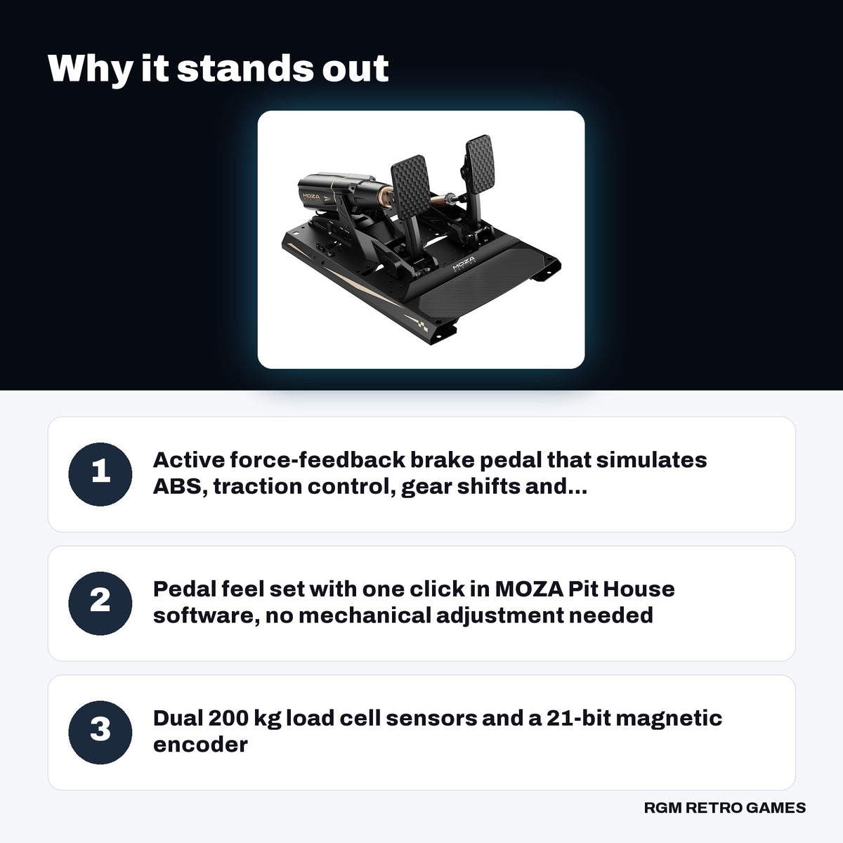 MOZA mBooster Active Pedal Set (with CRP2 Throttle) key features: Active force-feedback brake pedal that simulates ABS, traction control, gear shifts and..., Pedal feel set with one click in MOZA Pit House software, no mechanical adjustment needed, Dual 200 kg load cell sensors and a 21-bit magnetic encoder