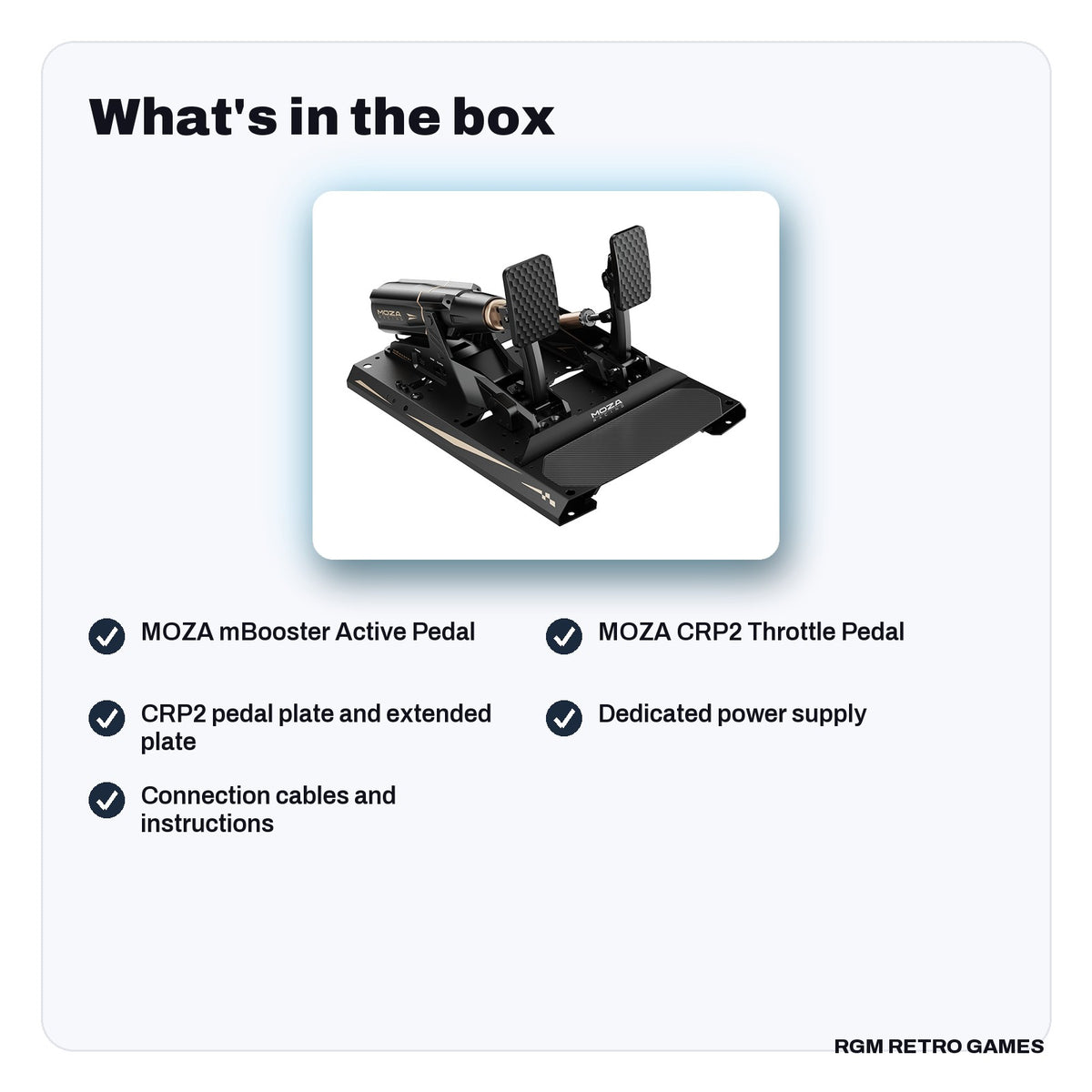 What's in the box with the MOZA mBooster Active Pedal Set (with CRP2 Throttle)