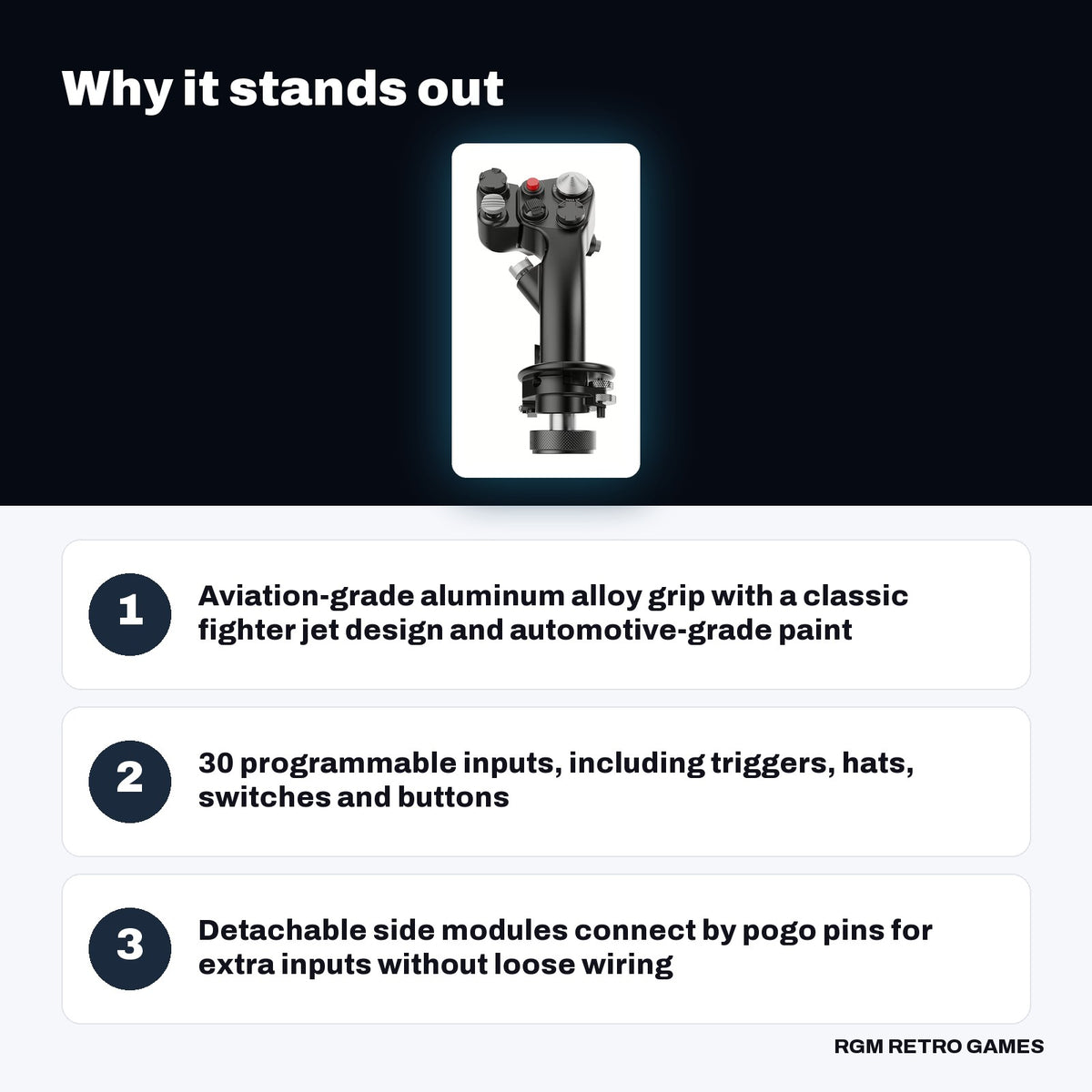 MOZA MH16 Flightstick key features: Aviation-grade aluminum alloy grip with a classic fighter jet design and automotive-grade paint, 30 programmable inputs, including triggers, hats, switches and buttons, Detachable side modules connect by pogo pins for extra inputs without loose wiring