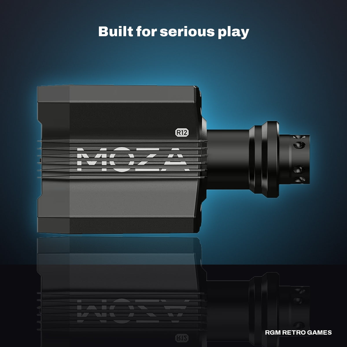 MOZA R12 V2 Direct Drive Wheel Base in a dark studio setting
