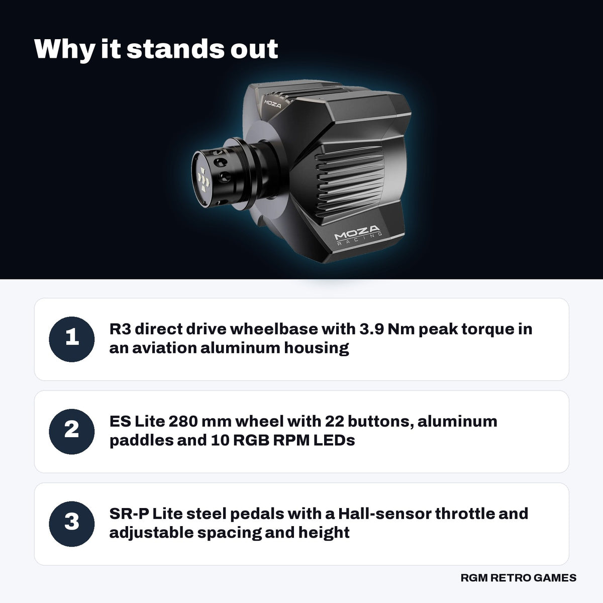 MOZA R3 Racing Wheel and Pedals for PC key features: R3 direct drive wheelbase with 3.9 Nm peak torque in an aviation aluminum housing, ES Lite 280 mm wheel with 22 buttons, aluminum paddles and 10 RGB RPM LEDs, SR-P Lite steel pedals with a Hall-sensor throttle and adjustable spacing and height