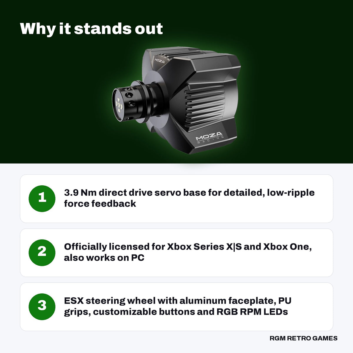 MOZA R3 Racing Wheel and Pedals for Xbox & PC key features: 3.9 Nm direct drive servo base for detailed, low-ripple force feedback, Officially licensed for Xbox Series X|S and Xbox One, also works on PC, ESX steering wheel with aluminum faceplate, PU grips, customizable buttons and RGB RPM LEDs