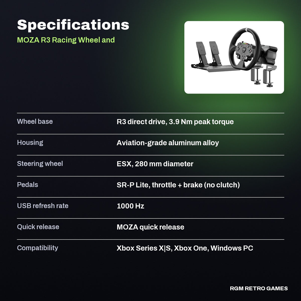 MOZA R3 Racing Wheel and Pedals for Xbox & PC specifications