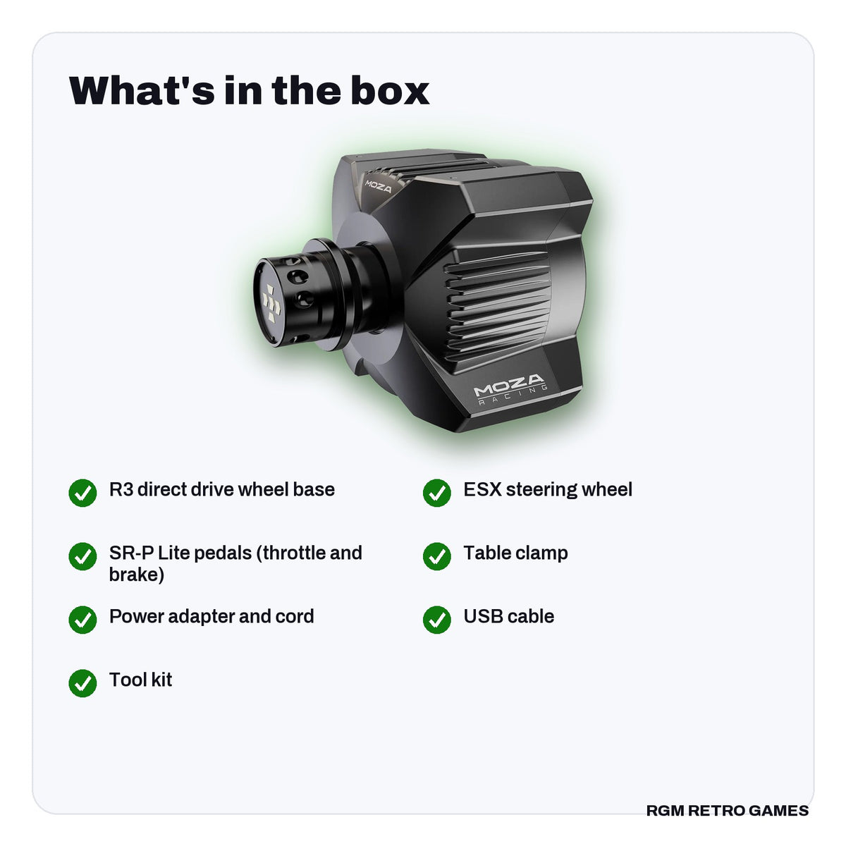 What's in the box with the MOZA R3 Racing Wheel and Pedals for Xbox & PC