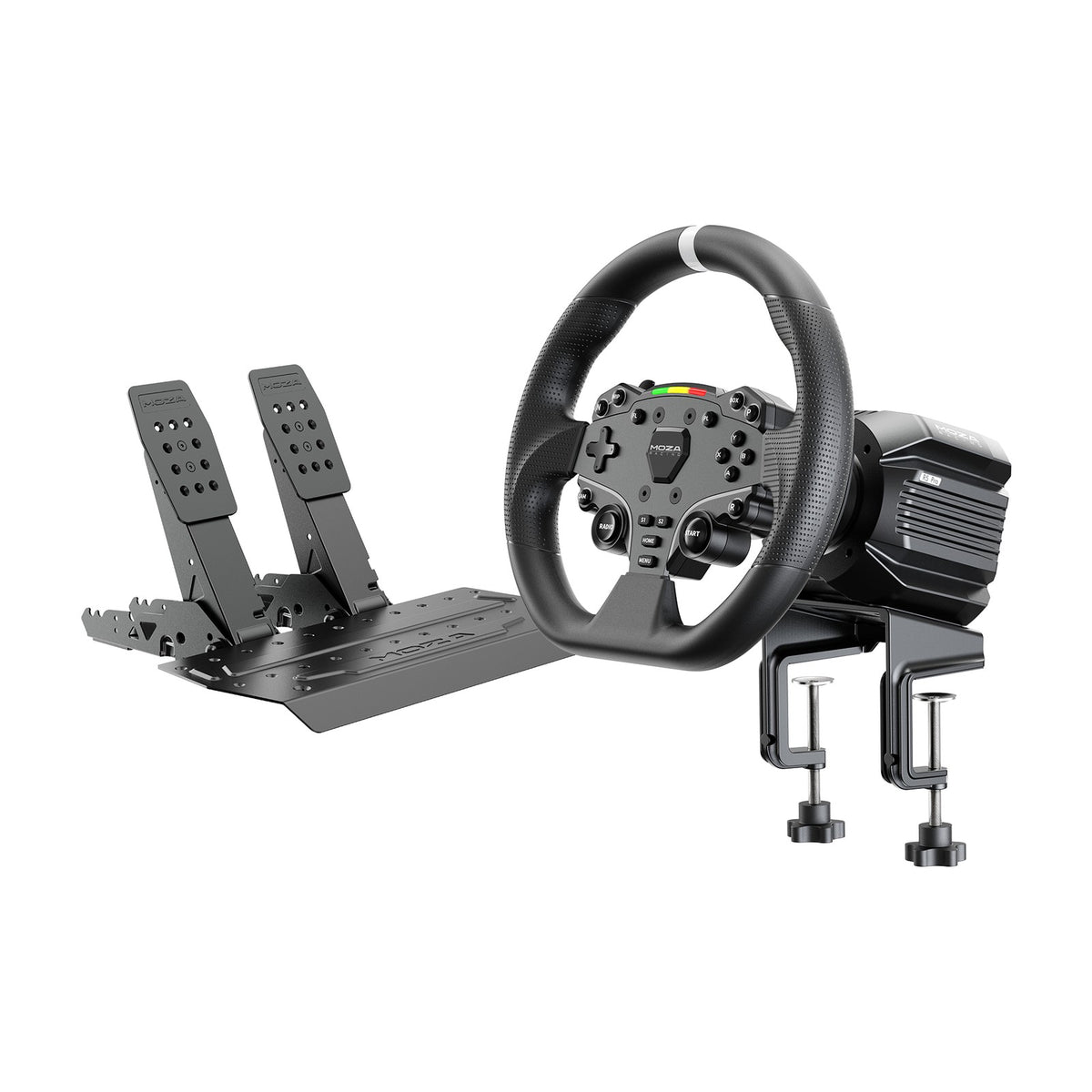 MOZA R5 Pro Racing Simulator Bundle (6 Nm R5 Pro Base, ES Lite Wheel, SRP Lite2 Pedals), front view on a white background