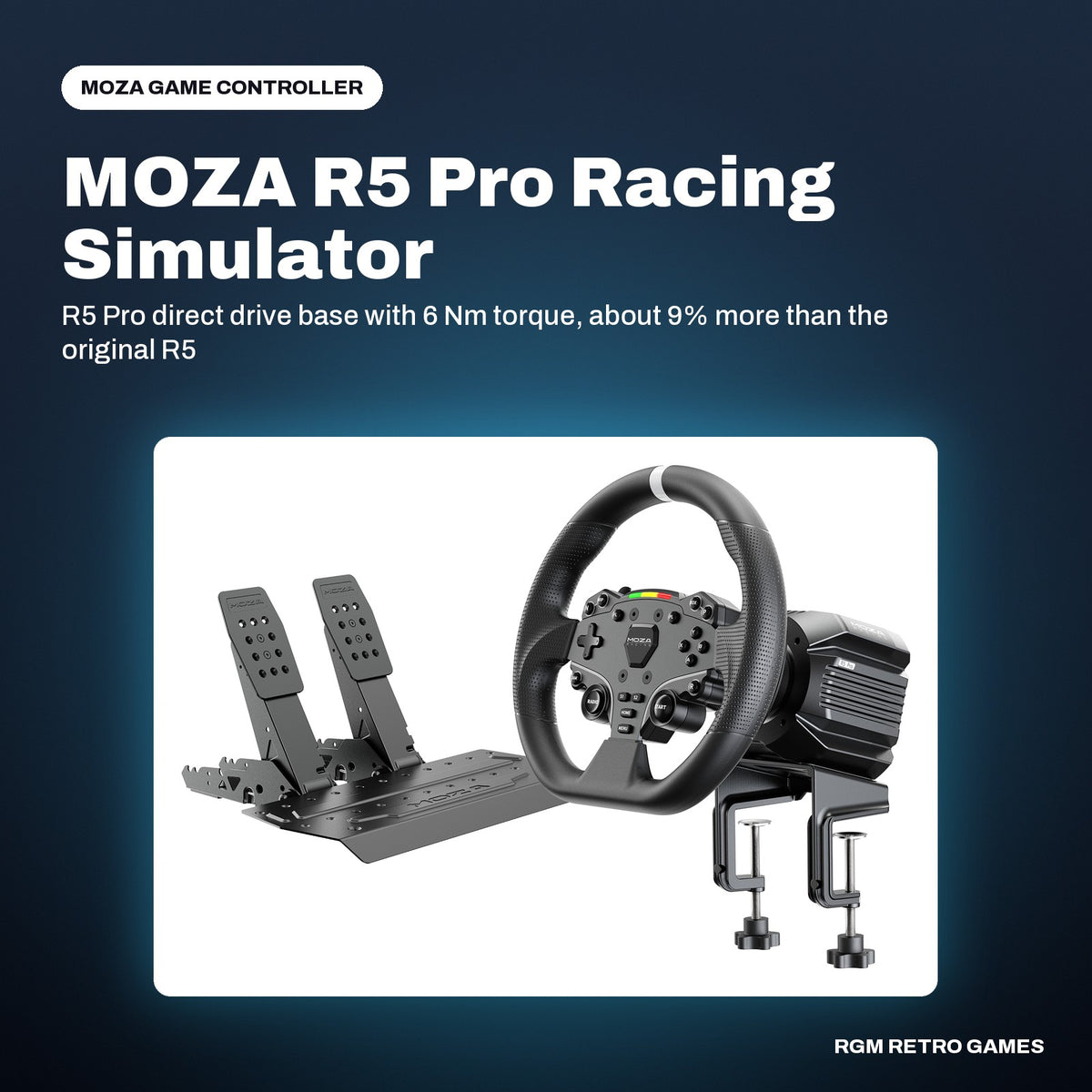 MOZA R5 Pro Racing Simulator Bundle (6 Nm R5 Pro Base, ES Lite Wheel, SRP Lite2 Pedals) in a MOZA color scene