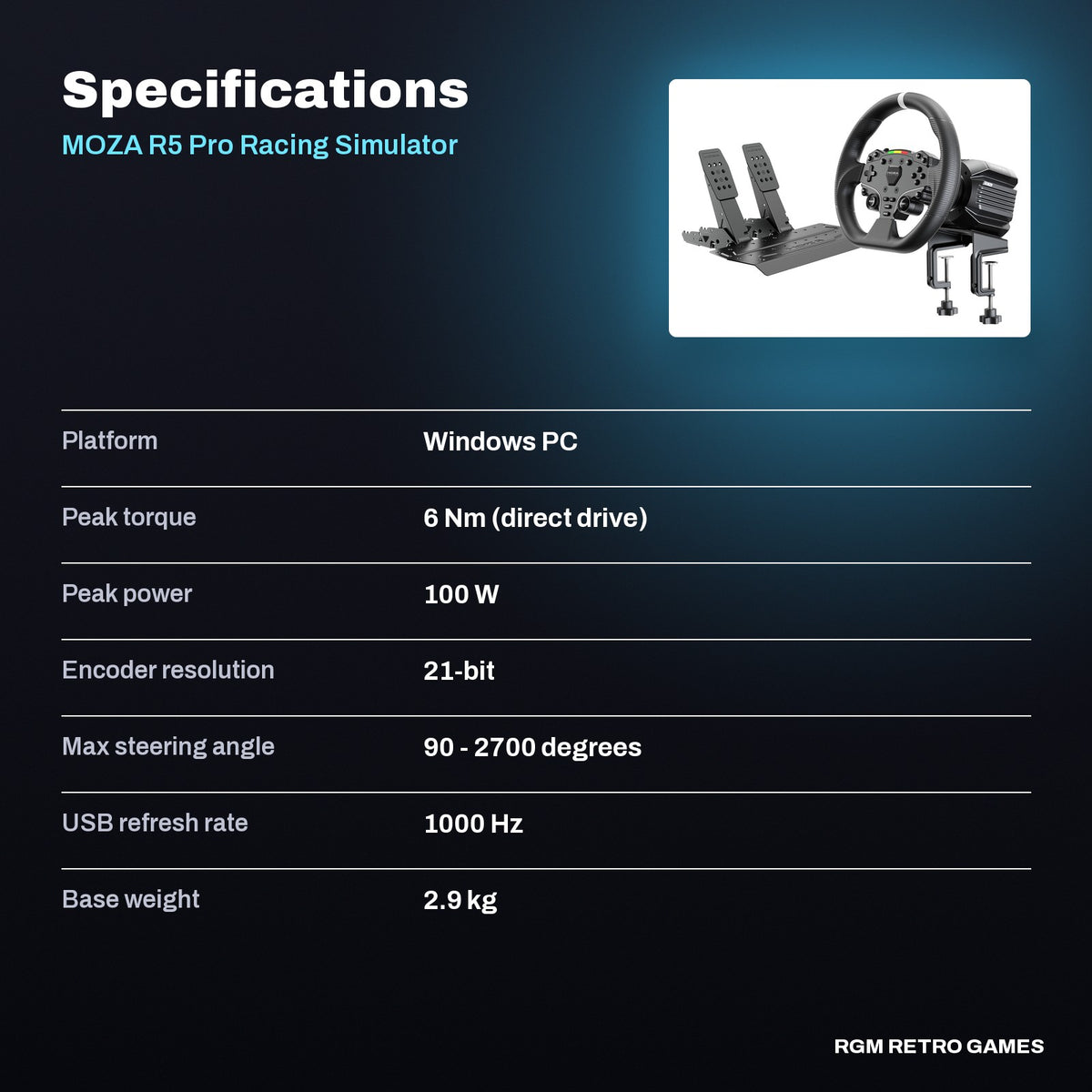 MOZA R5 Pro Racing Simulator Bundle (6 Nm R5 Pro Base, ES Lite Wheel, SRP Lite2 Pedals) specifications
