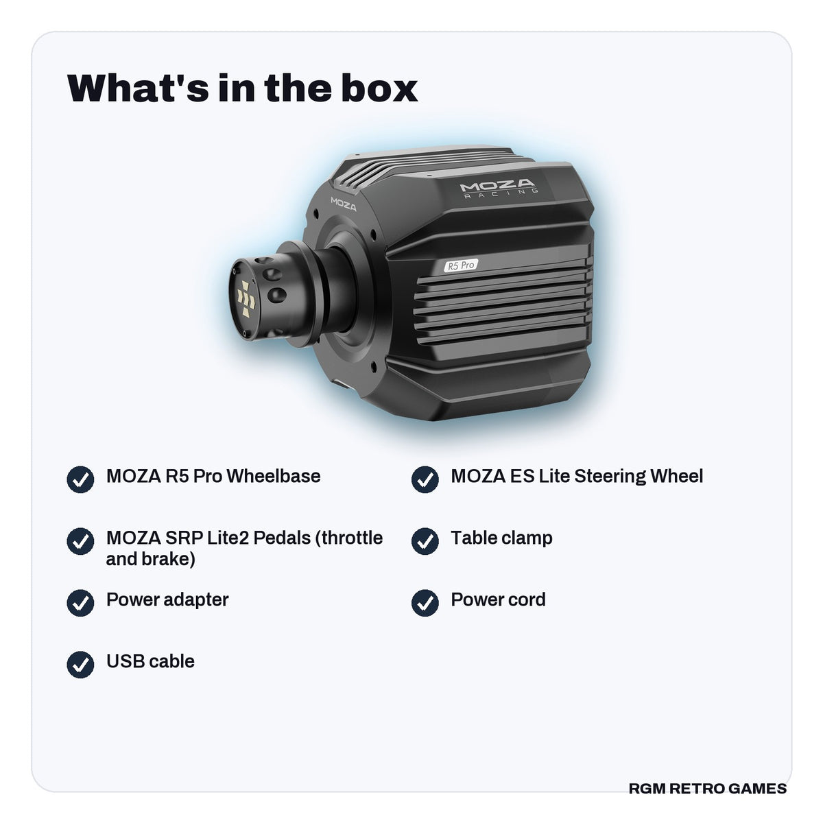 What's in the box with the MOZA R5 Pro Racing Simulator Bundle (6 Nm R5 Pro Base, ES Lite Wheel, SRP Lite2 Pedals)