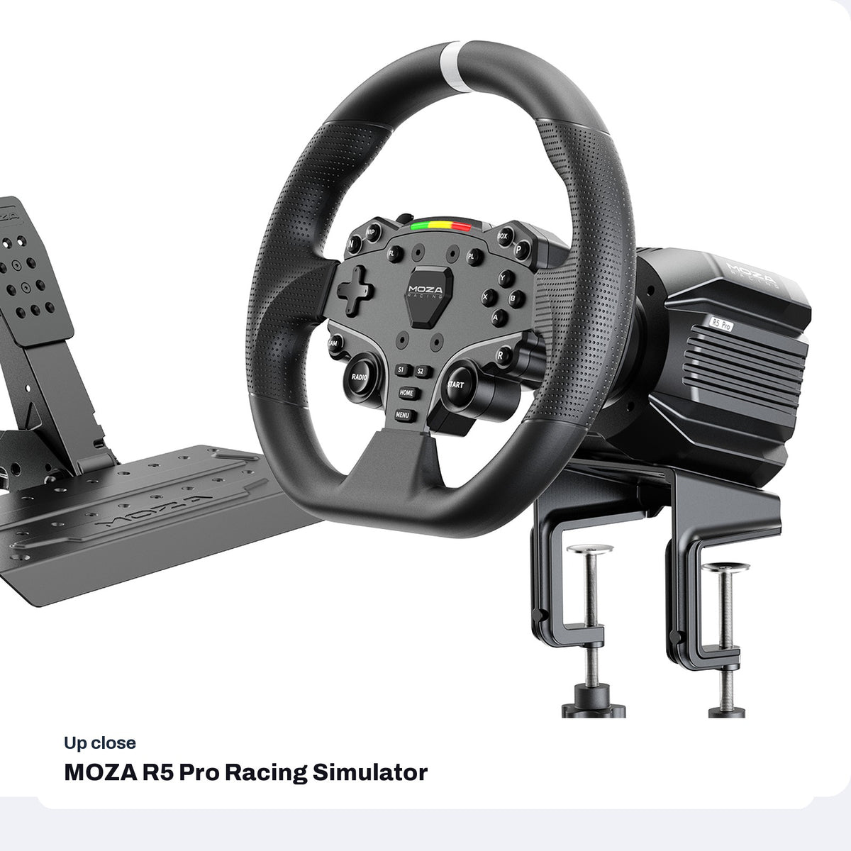 MOZA R5 Pro Racing Simulator Bundle (6 Nm R5 Pro Base, ES Lite Wheel, SRP Lite2 Pedals), close-up detail