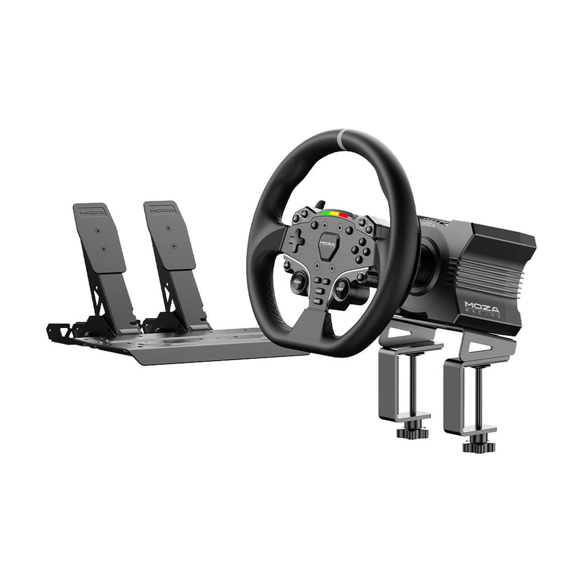 MOZA R5 Sim Racing Bundle (R5 Direct Drive Base, ES Wheel, SR-P Lite Pedals), front view on a white background