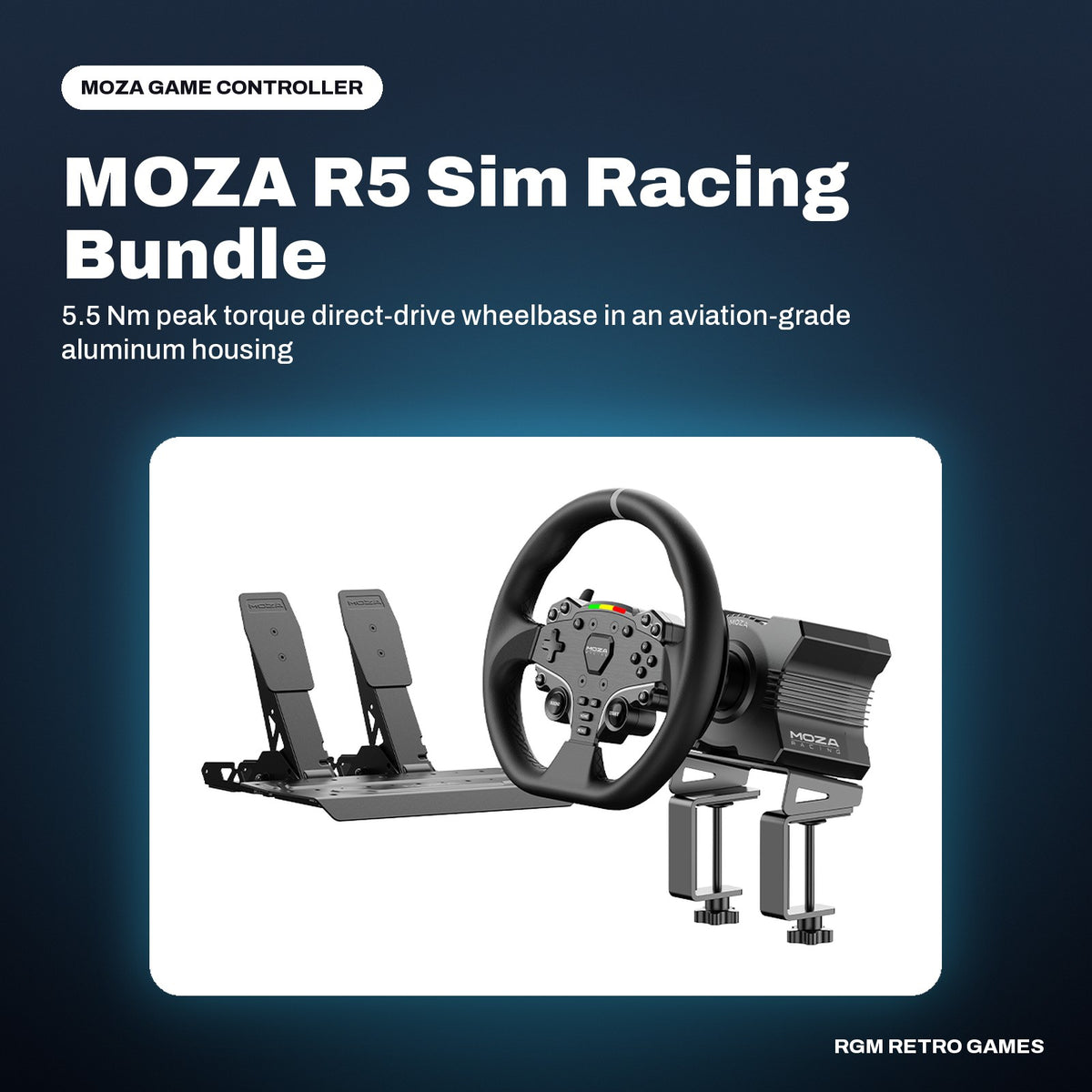 MOZA R5 Sim Racing Bundle (R5 Direct Drive Base, ES Wheel, SR-P Lite Pedals) in a MOZA color scene