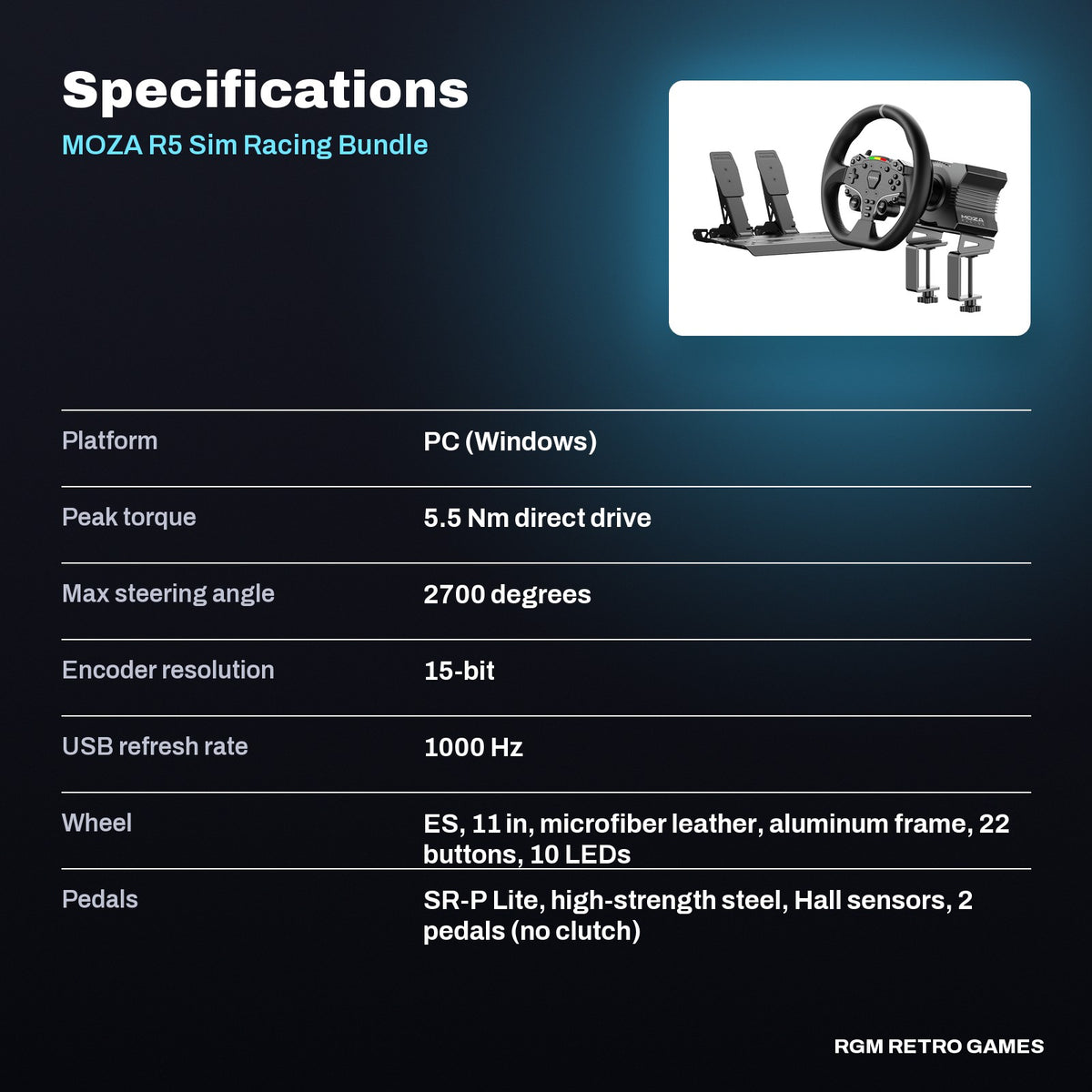 MOZA R5 Sim Racing Bundle (R5 Direct Drive Base, ES Wheel, SR-P Lite Pedals) specifications