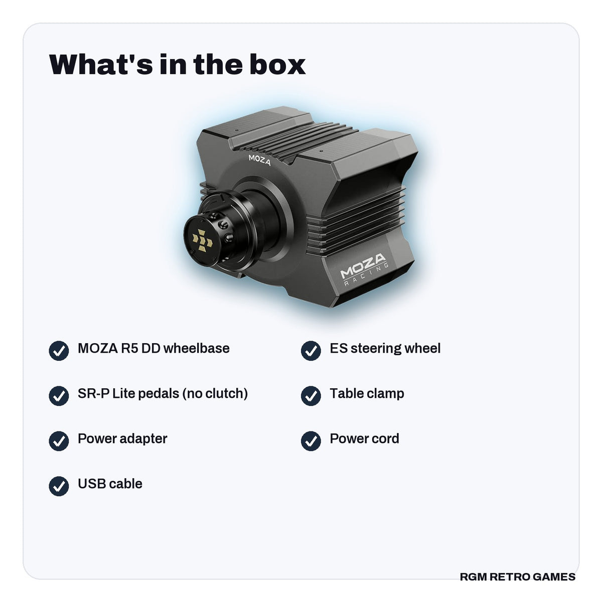 What's in the box with the MOZA R5 Sim Racing Bundle (R5 Direct Drive Base, ES Wheel, SR-P Lite Pedals)