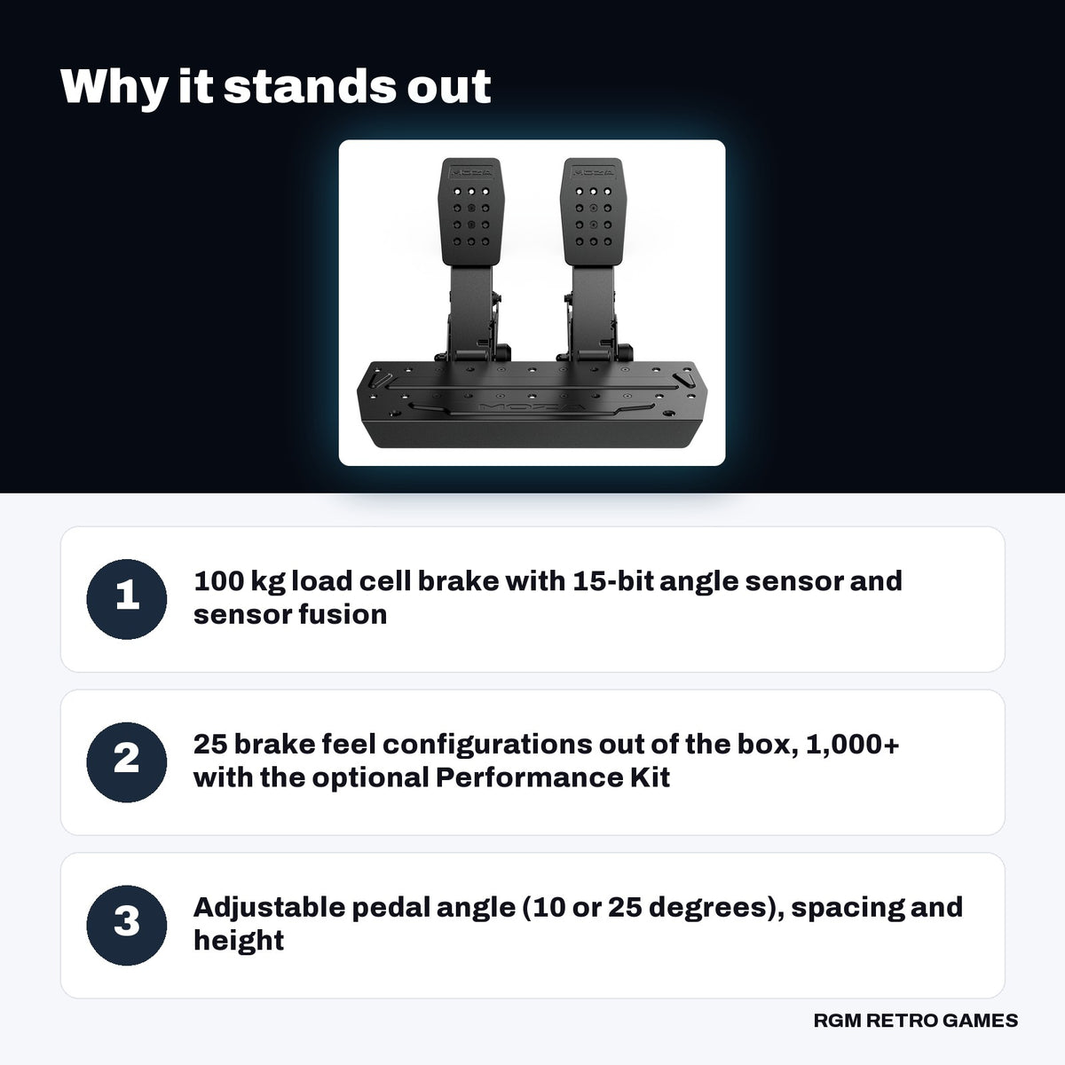MOZA SRP2 Pedals (Throttle + Brake) key features: 100 kg load cell brake with 15-bit angle sensor and sensor fusion, 25 brake feel configurations out of the box, 1,000+ with the optional Performance Kit, Adjustable pedal angle (10 or 25 degrees), spacing and height