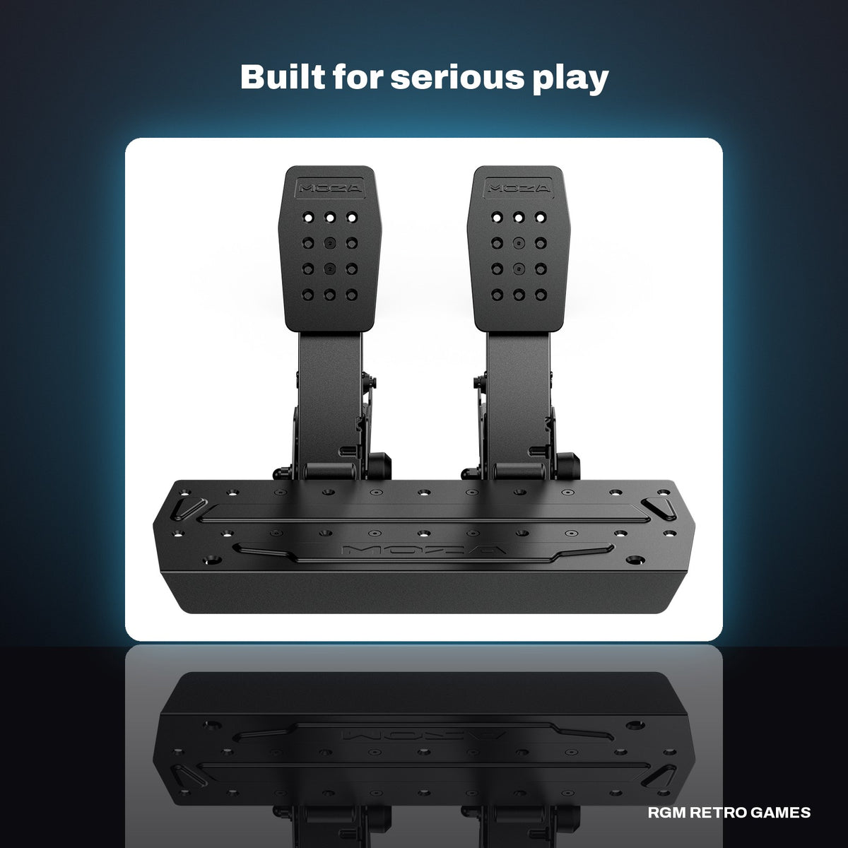 MOZA SRP2 Pedals (Throttle + Brake) in a dark studio setting