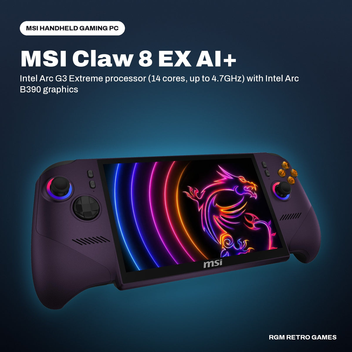 MSI Claw 8 EX AI+ CG3EM-024US 8" Gaming Handheld (Intel Arc G3 Extreme, 32GB/1TB, Void Purple) in a MSI color scene