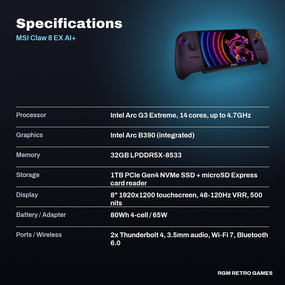 MSI Claw 8 EX AI+ CG3EM-024US 8" Gaming Handheld (Intel Arc G3 Extreme, 32GB/1TB, Void Purple) specifications