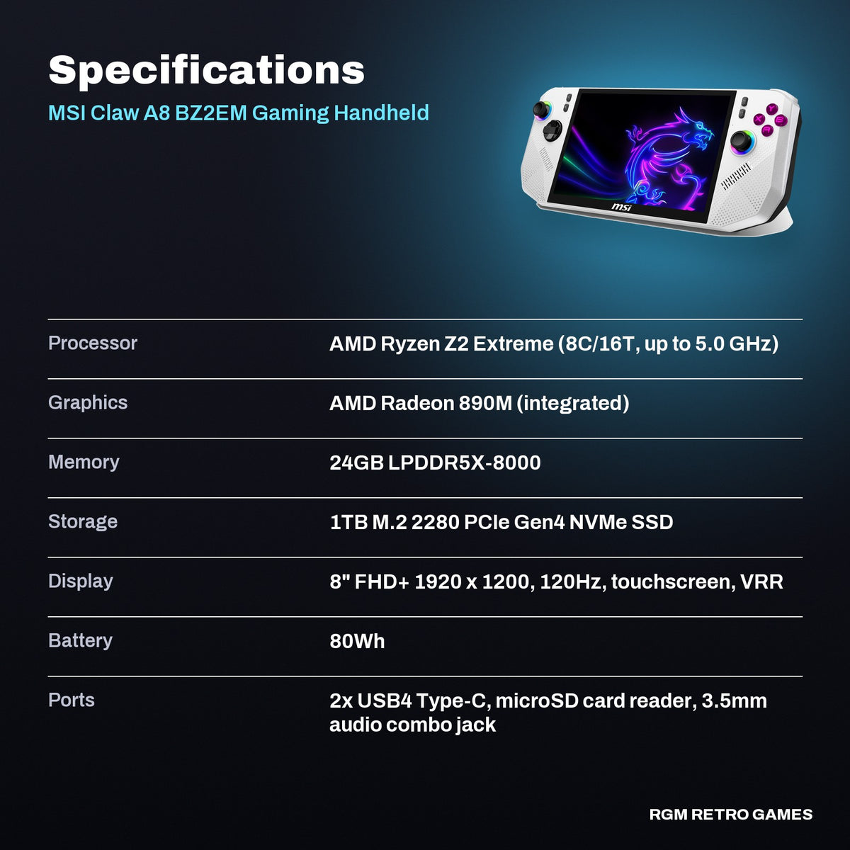 MSI Claw A8 BZ2EM Gaming Handheld (AMD Ryzen Z2 Extreme, 24GB, 1TB) specifications