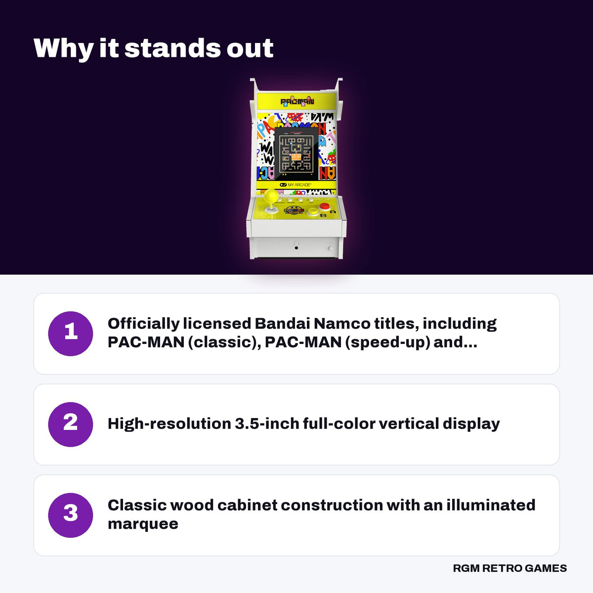 My Arcade PAC-MAN 45th Anniversary Mighty Player key features: Officially licensed Bandai Namco titles, including PAC-MAN (classic), PAC-MAN (speed-up) and..., High-resolution 3.5-inch full-color vertical display, Classic wood cabinet construction with an illuminated marquee