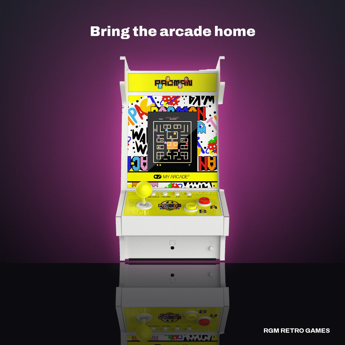 My Arcade PAC-MAN 45th Anniversary Mighty Player in a dark studio setting
