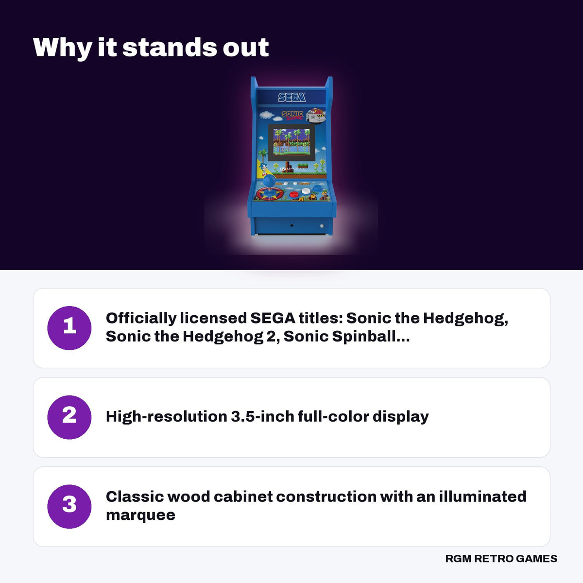 My Arcade Sonic the Hedgehog Mighty Player key features: Officially licensed SEGA titles: Sonic the Hedgehog, Sonic the Hedgehog 2, Sonic Spinball..., High-resolution 3.5-inch full-color display, Classic wood cabinet construction with an illuminated marquee