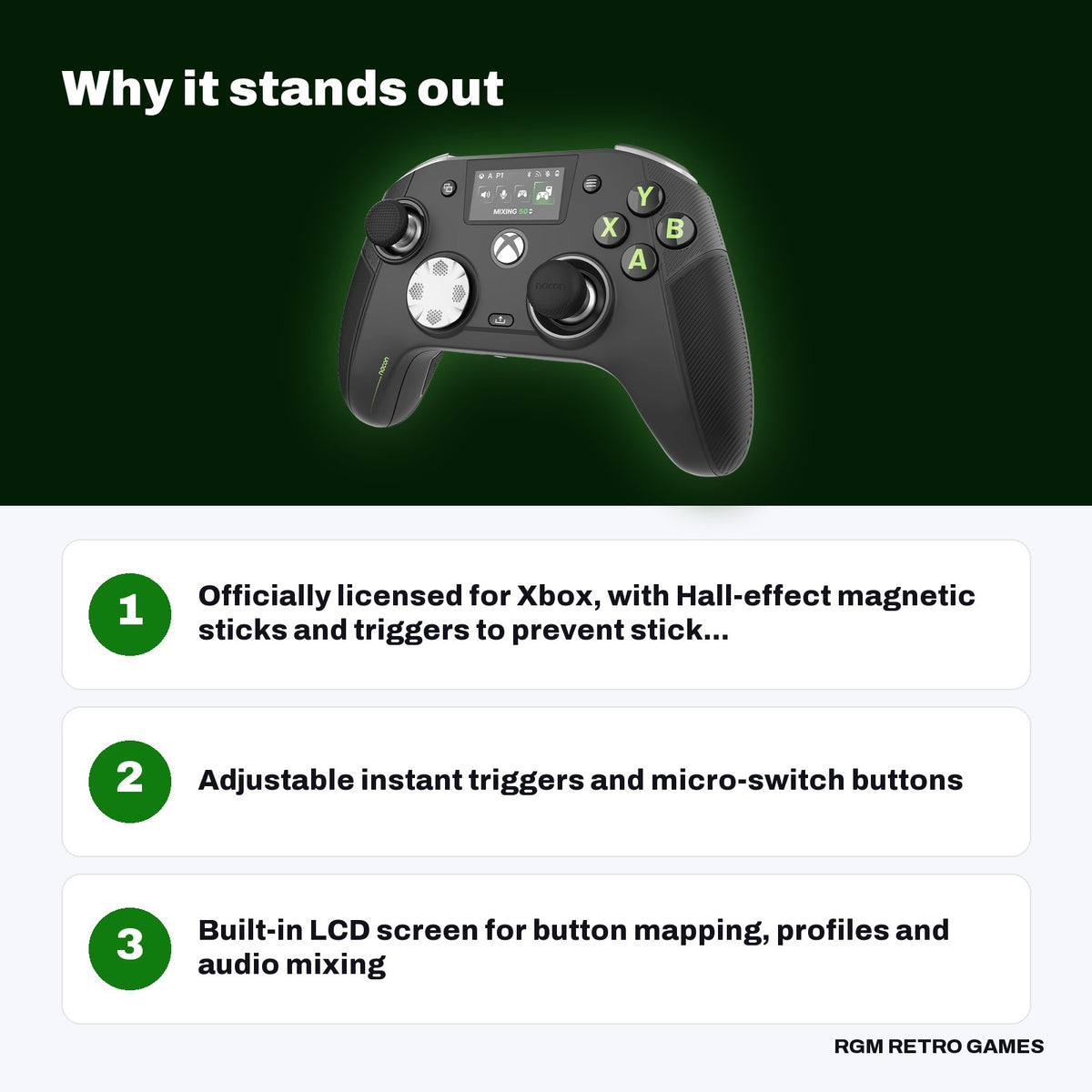 NACON Revolution X Unlimited Wireless Controller for Xbox Series X|S, Xbox One and PC - Black key features: Officially licensed for Xbox, with Hall-effect magnetic sticks and triggers to prevent stick..., Adjustable instant triggers and micro-switch buttons, Built-in LCD screen for button mapping, profiles and audio mixing