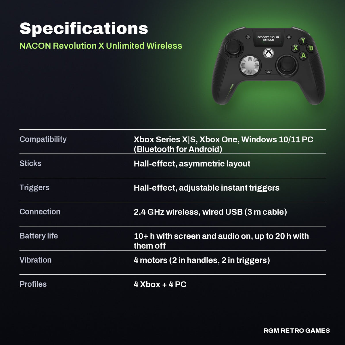NACON Revolution X Unlimited Wireless Controller for Xbox Series X|S, Xbox One and PC - Black specifications