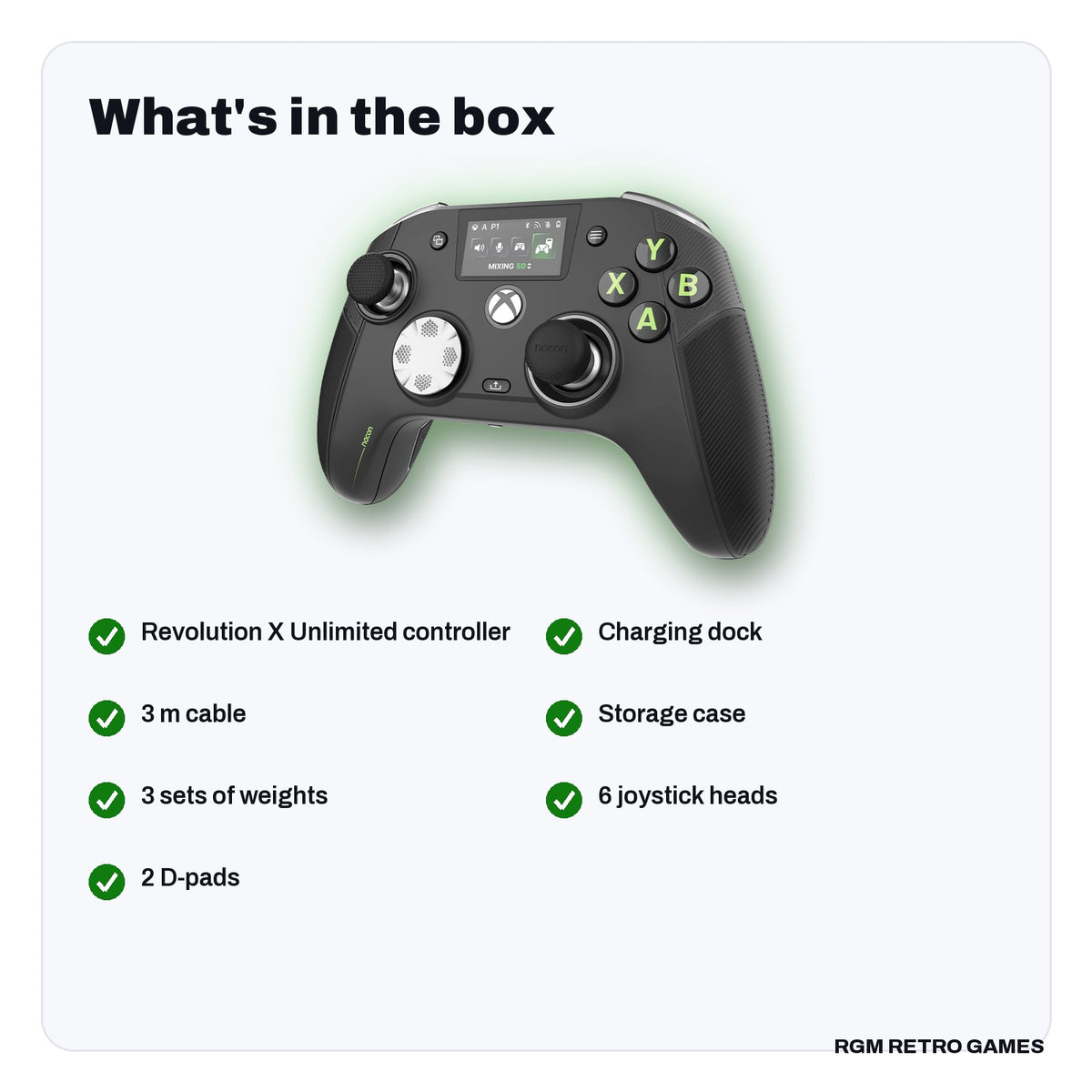 What's in the box with the NACON Revolution X Unlimited Wireless Controller for Xbox Series X|S, Xbox One and PC - Black
