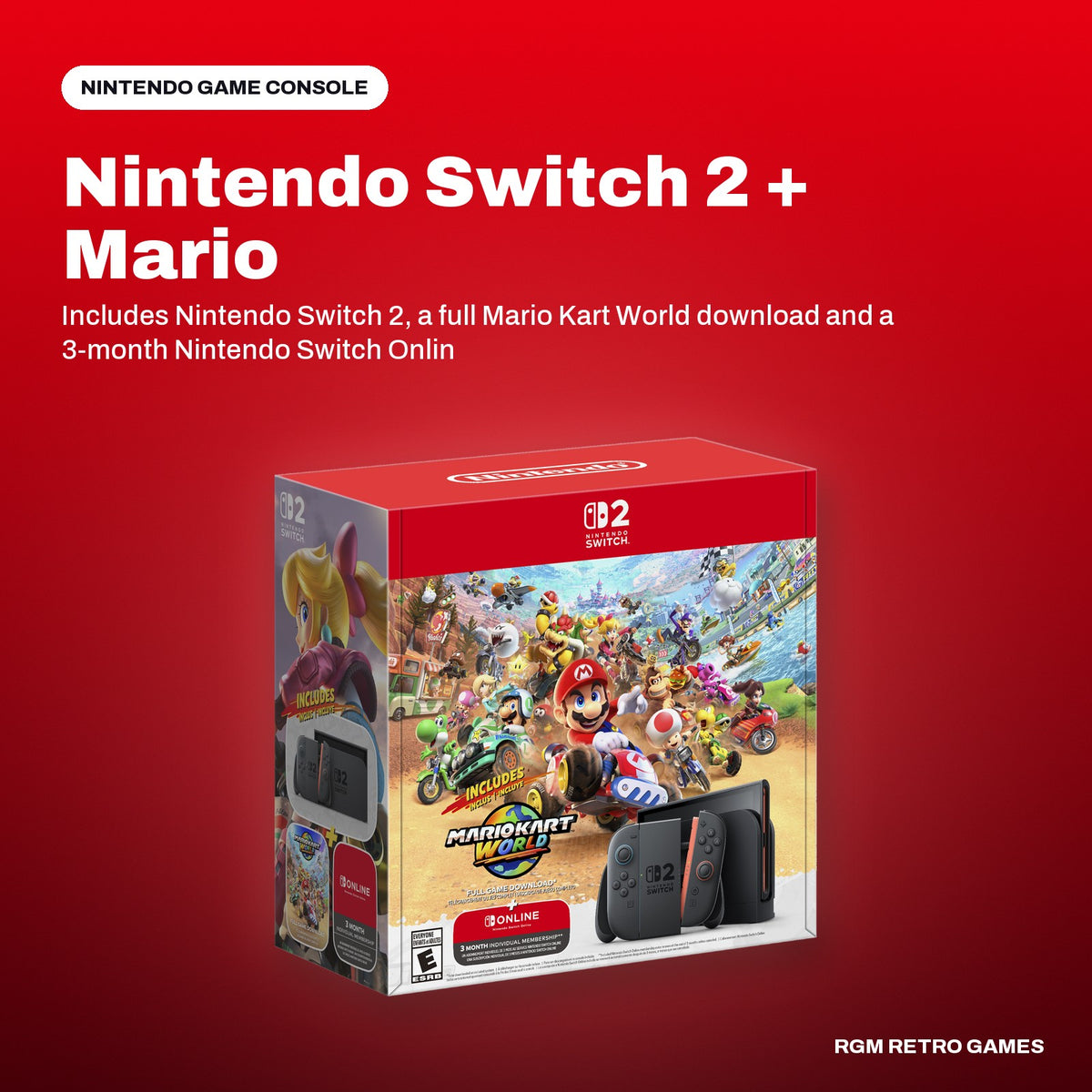 Nintendo Switch 2 + Mario Kart World Bundle (with 3-Month Nintendo Switch Online) in a Nintendo color scene