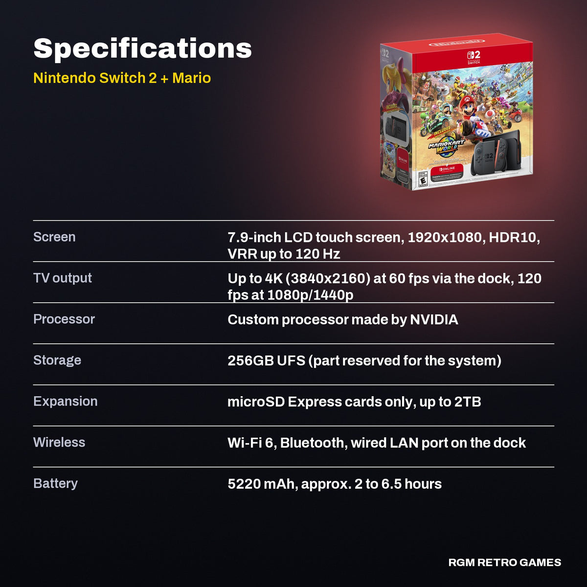 Nintendo Switch 2 + Mario Kart World Bundle (with 3-Month Nintendo Switch Online) specifications