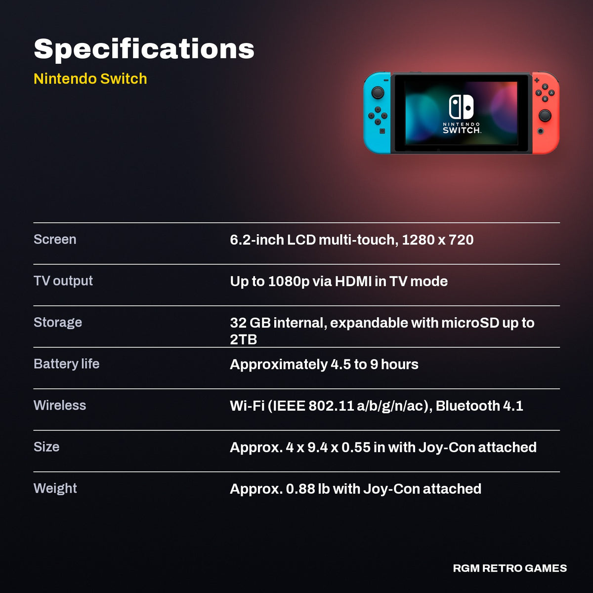 Nintendo Switch - Mario Kart 8 Deluxe Bundle (Neon Blue/Neon Red Joy-Con, full game download + 12-month Nintendo Switch Online) specifications