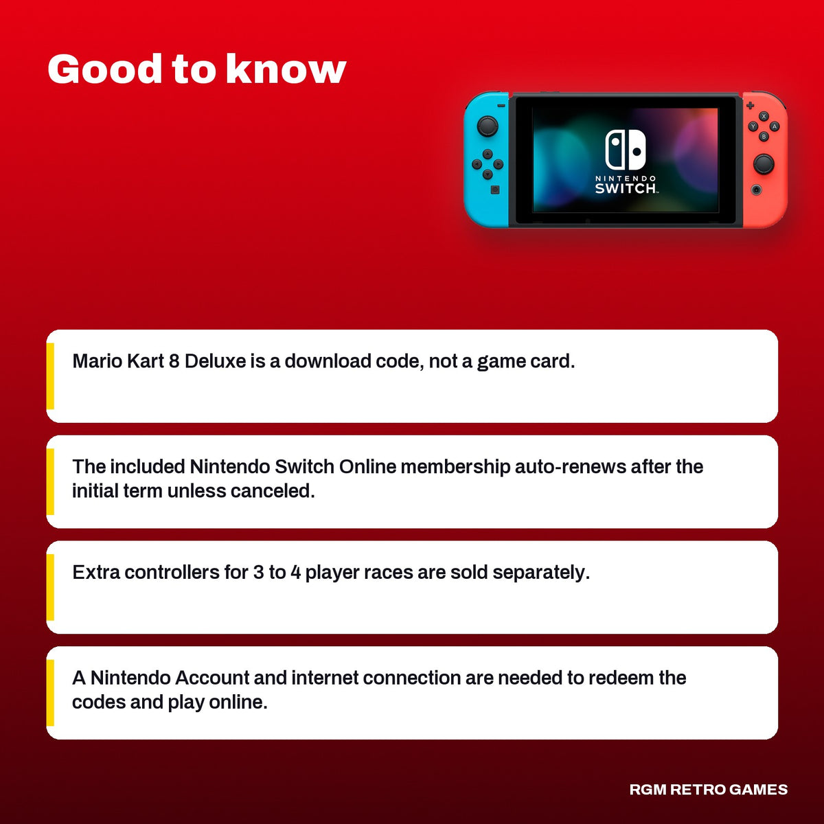 Nintendo Switch - Mario Kart 8 Deluxe Bundle (Neon Blue/Neon Red Joy-Con, full game download + 12-month Nintendo Switch Online), good to know before you buy